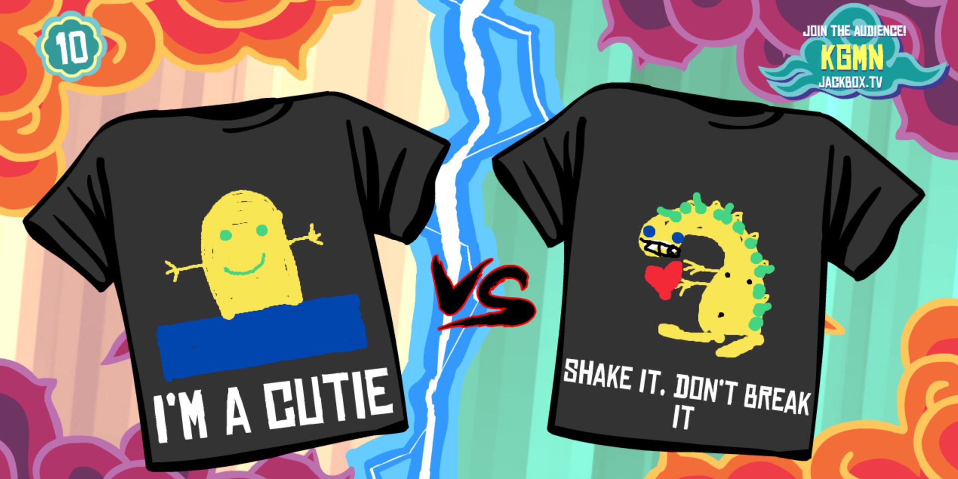 T-shirt of a Potato that says "I'm a cutie" vs T-shirt of a weird dinosaur that says "shake it. Don't break it" in Tee KO