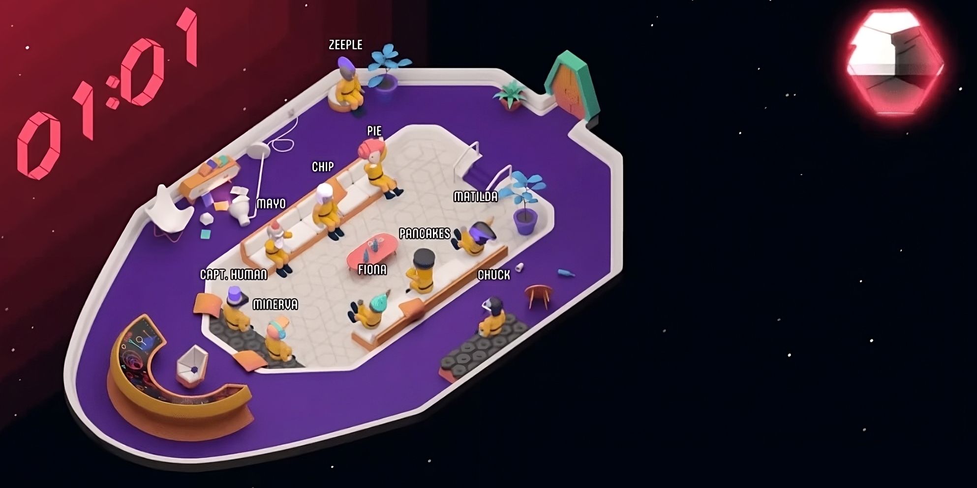 Claymation crew members sitting around a Spaceship in Push the Button
