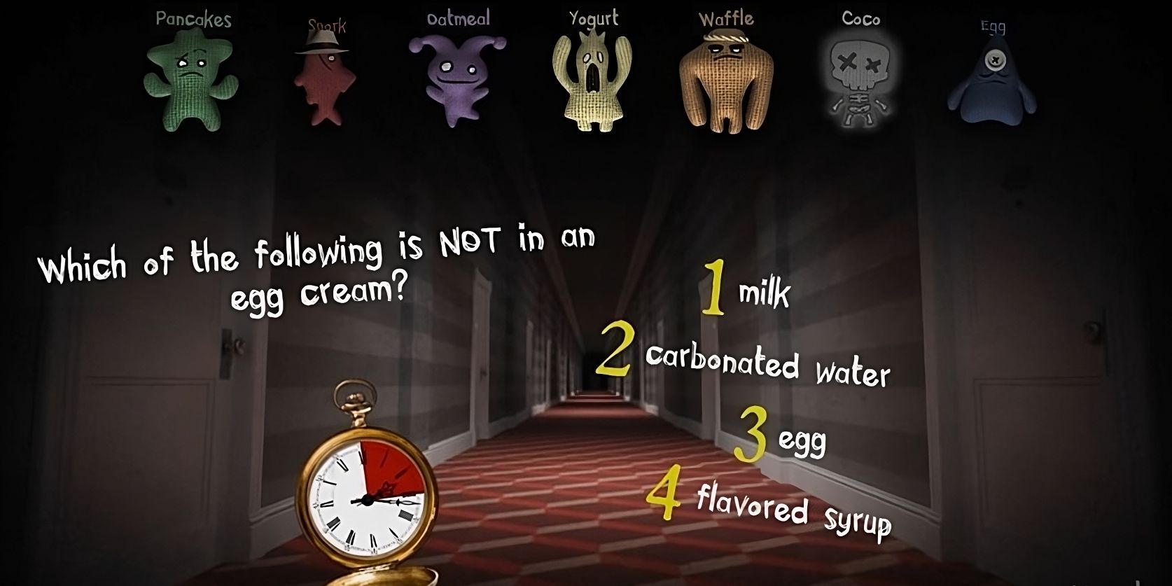 Egg cream trivia in a creepy hotel in Trivia Murder Party 2