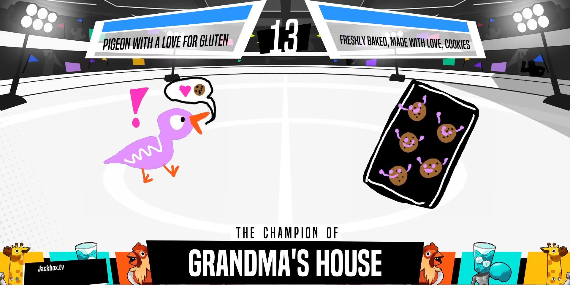 Hand-drawn pigeon facing against a tray of cookies in Champ'd Up