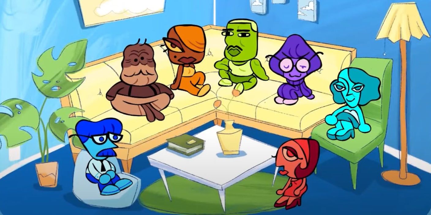 Cartoon Characters Sitting around a living room in Roomerang 