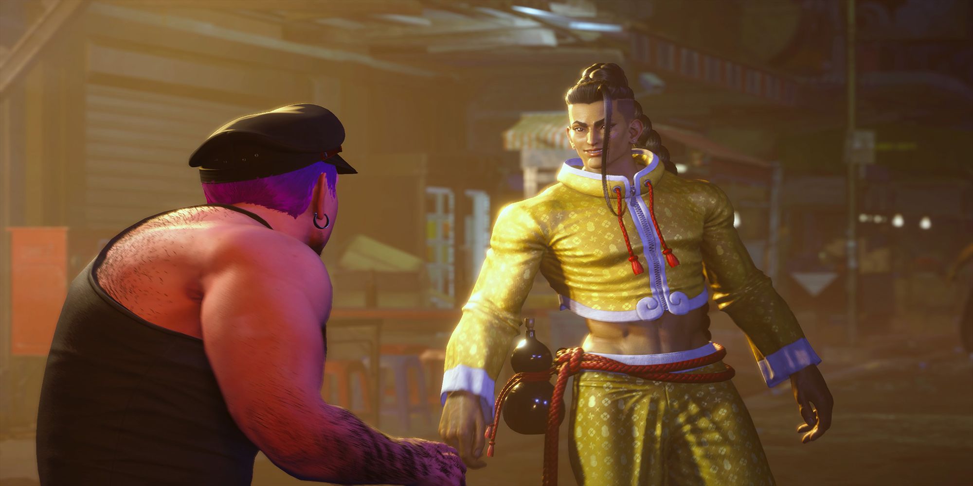 Jamie spots the player avatar on a Chinatown backstreet in Street Fighter 6.