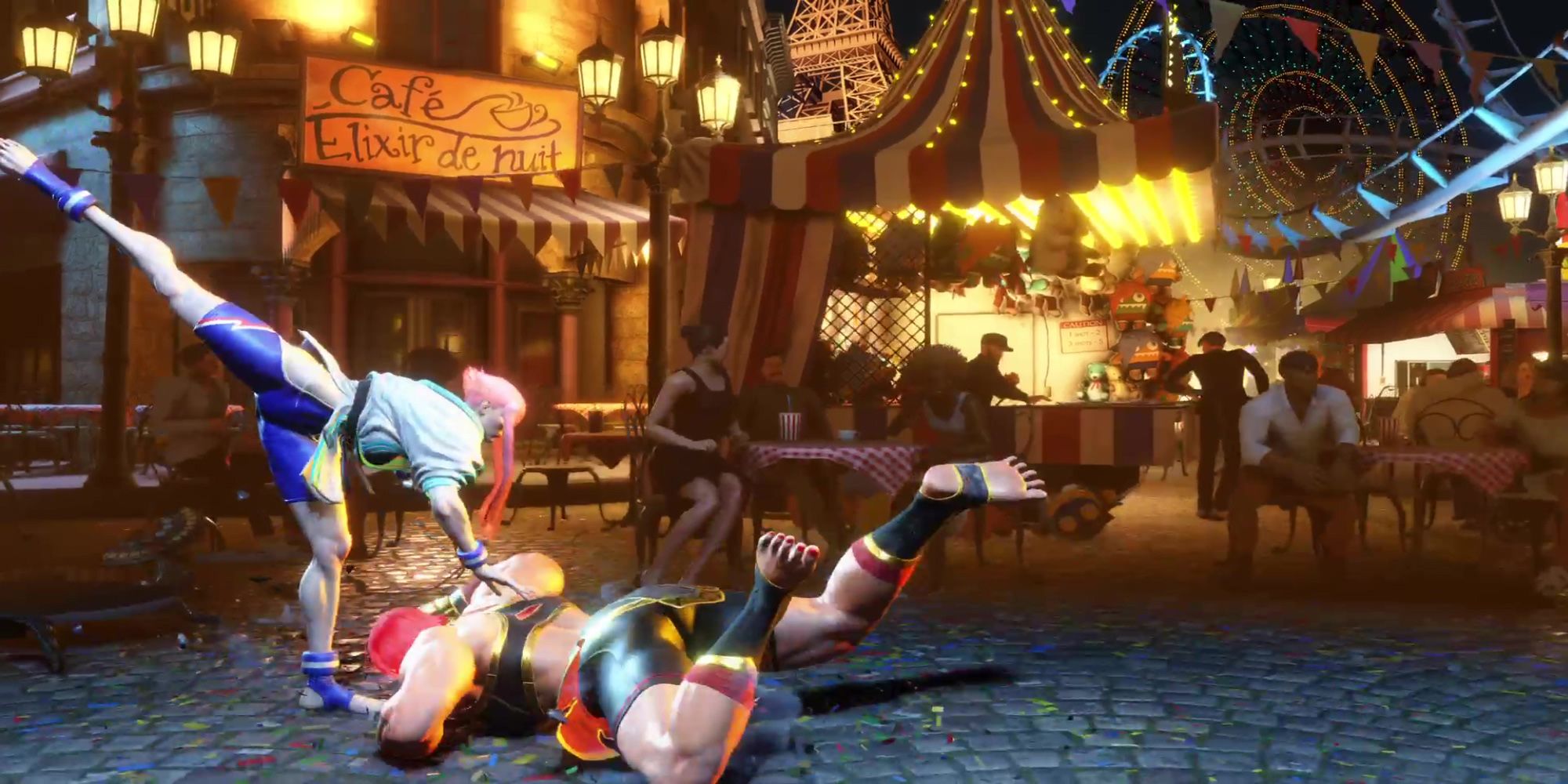 Manon throws Marisa with an Ouchi Gari during a match at Fete Foraine in Street Fighter 6.