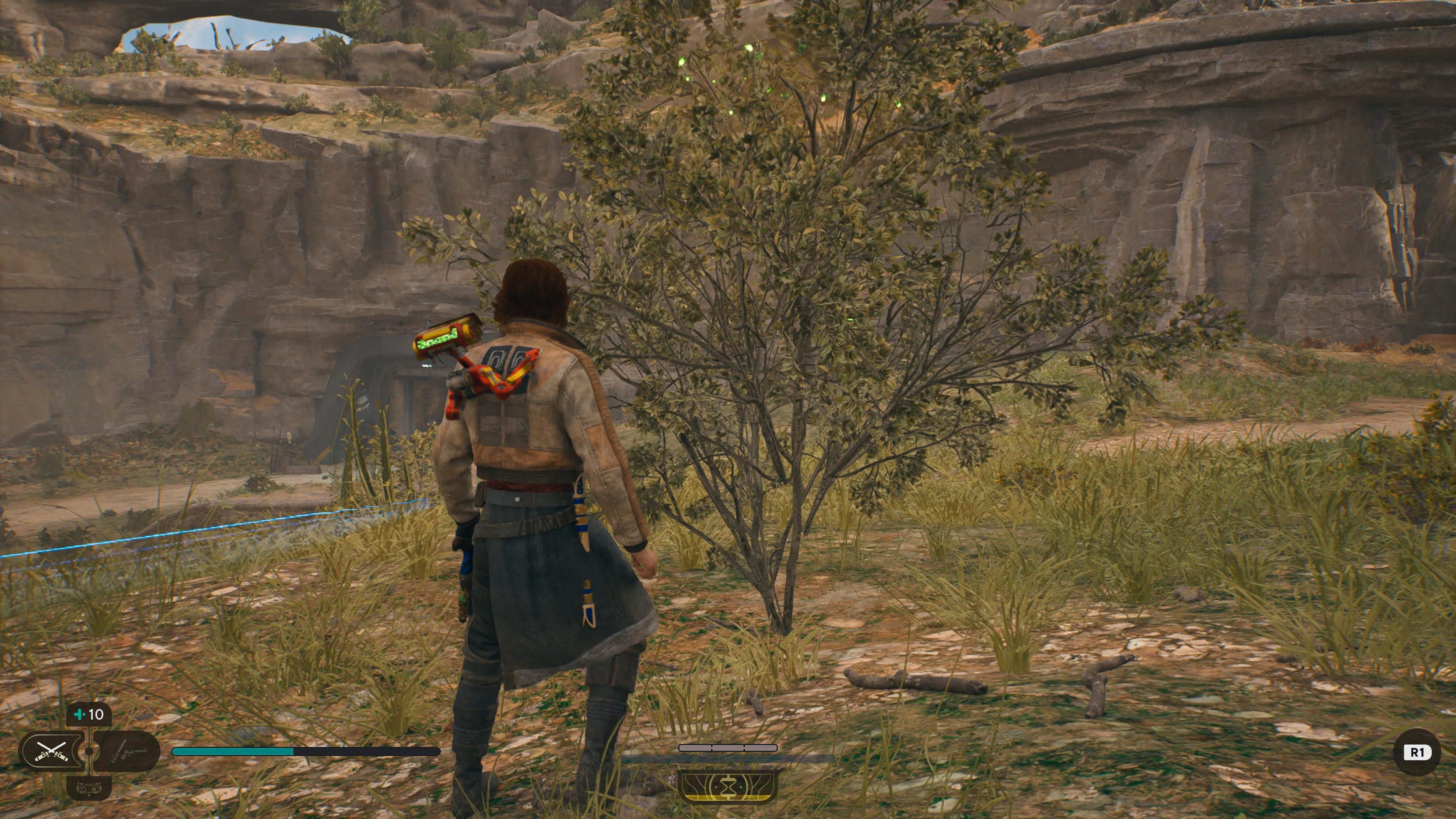Cal in front of a bush with a seed pod in the Untamed Downs in Jedi Survivor