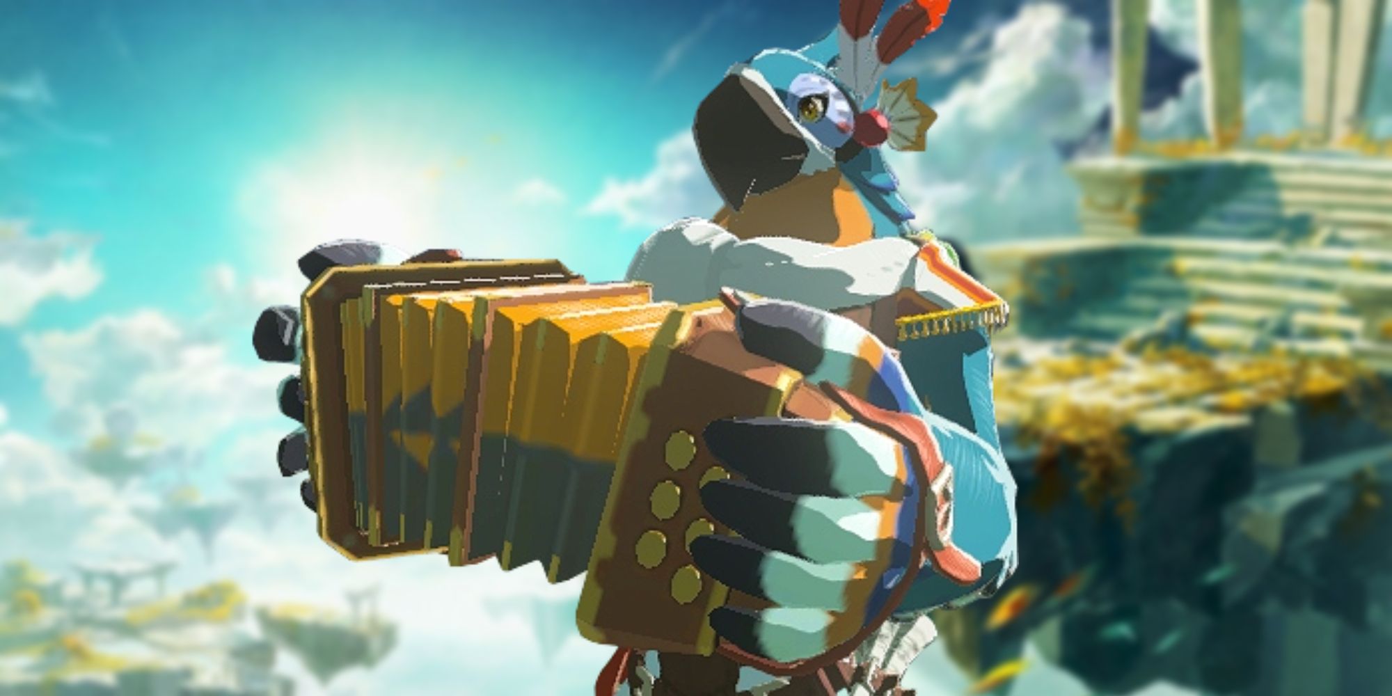 Kass on the TotK background of sky islands