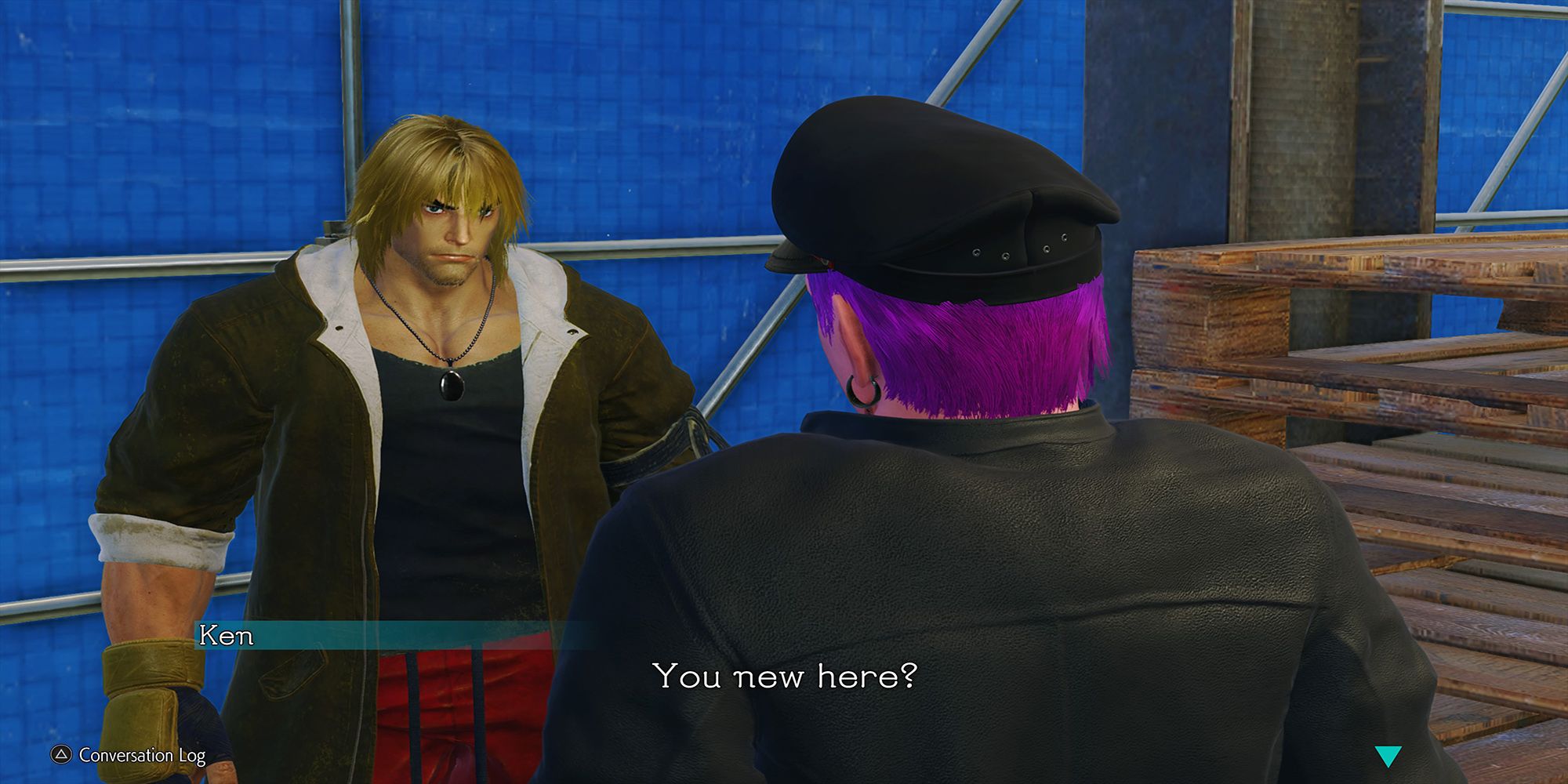 The player avatar meets Ken for the first time inside a scaffolding tower at the SiRN Construction Site in Street Fighter 6.
