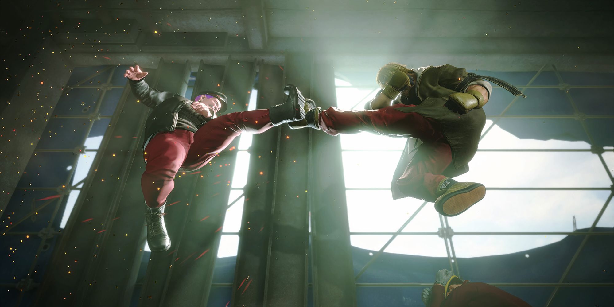 Ken and the player avatar trade fierce kicks during a battle inside a scaffolding tower at the SiRN Construction Site in Street Fighter 6.