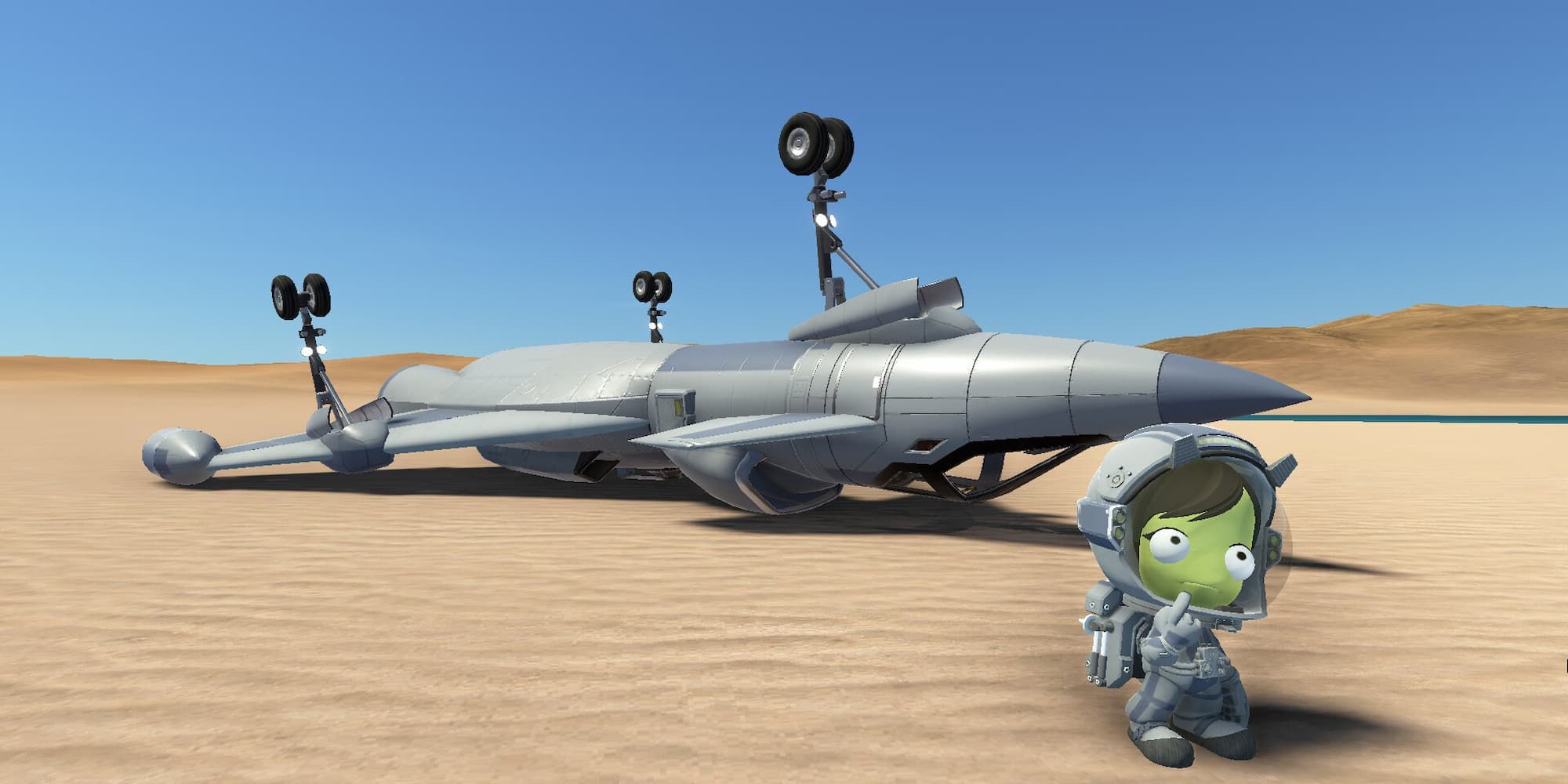 A Kerbal ponders why their jet behind them is upside down in Kerbal Space Program 2.