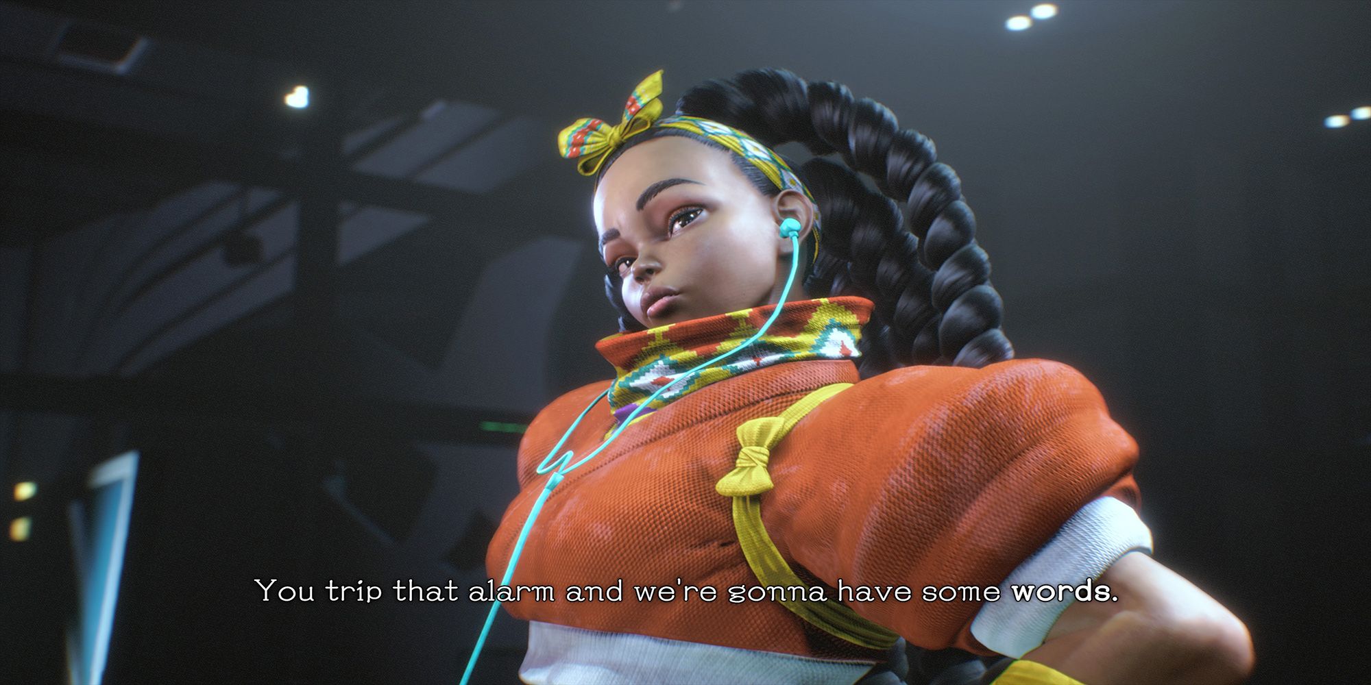 Kimberly gives you a stern warning about SiRN's alarm system during an undercover mission in Street Fighter 6.
