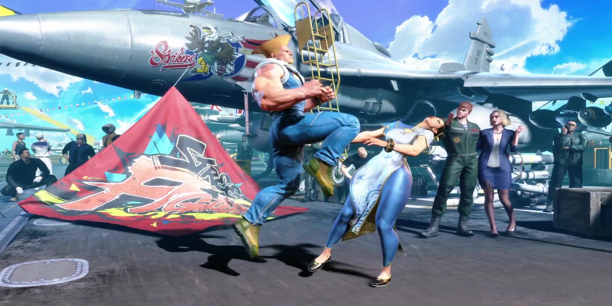 Guile rams into Chun-li with a Knee Bazooka during a battle at Aircraft Carrier Byron Taylor in Street Fighter 6.