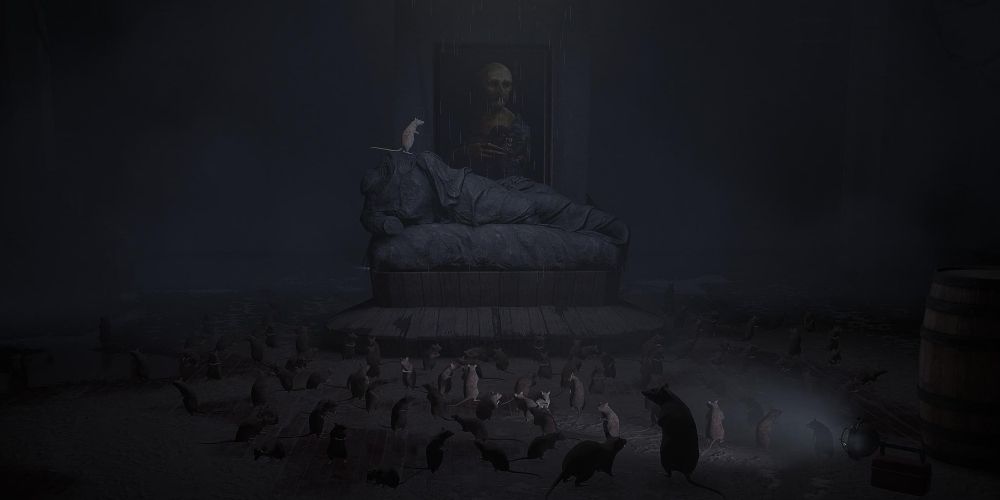 a swarm of rats gathered around a broken statue and a painting of the Rat Queen in layers of fear 2023