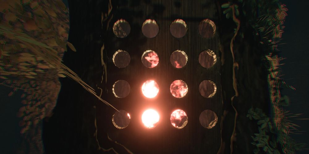 a hollow tree trunk in layers of fear 2023, with sixteen round holes carved into it.  a fire can be seen through the holes