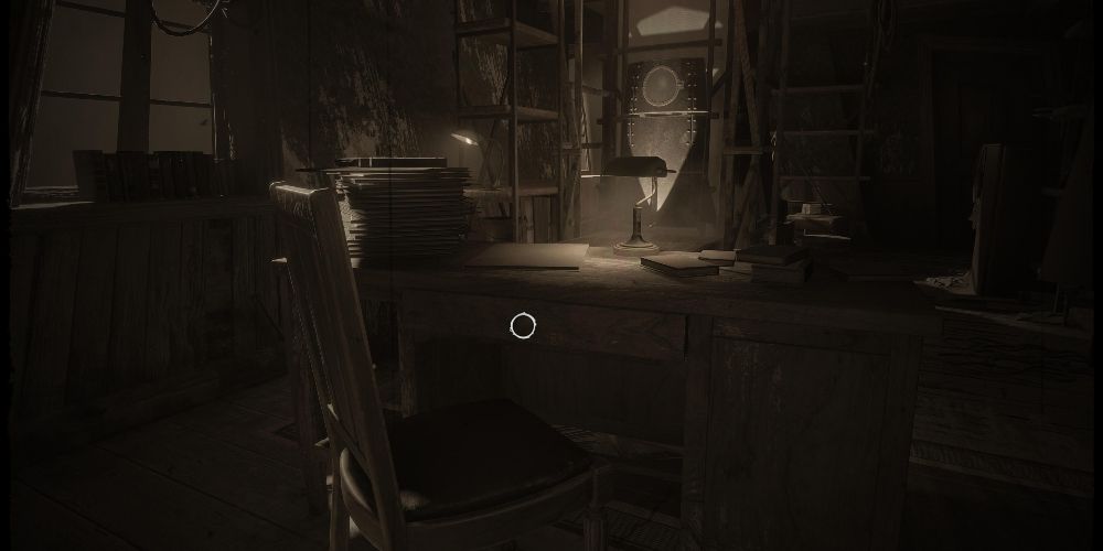 a dimly-lit office with a rocket ship in front of the desk in layers of fear 2023