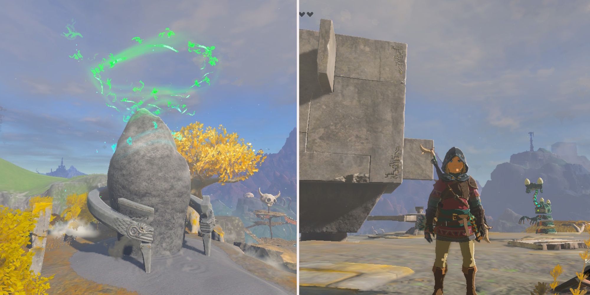 Left, a rock structure with green swirls above it. Right, Link standing in front of a stone puzzle structure.