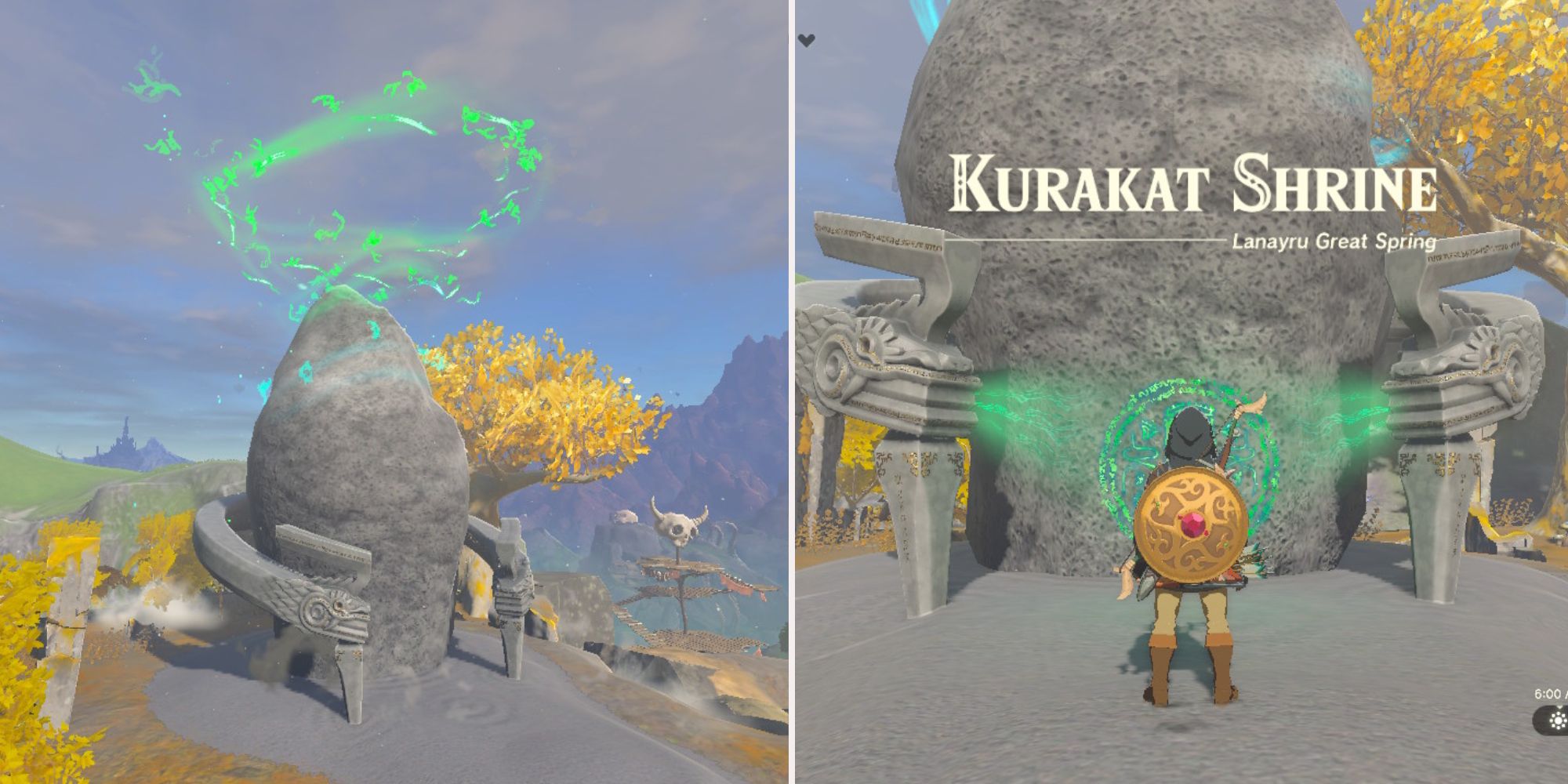 Link stands in front of the stone-like Kurakat Shrine.