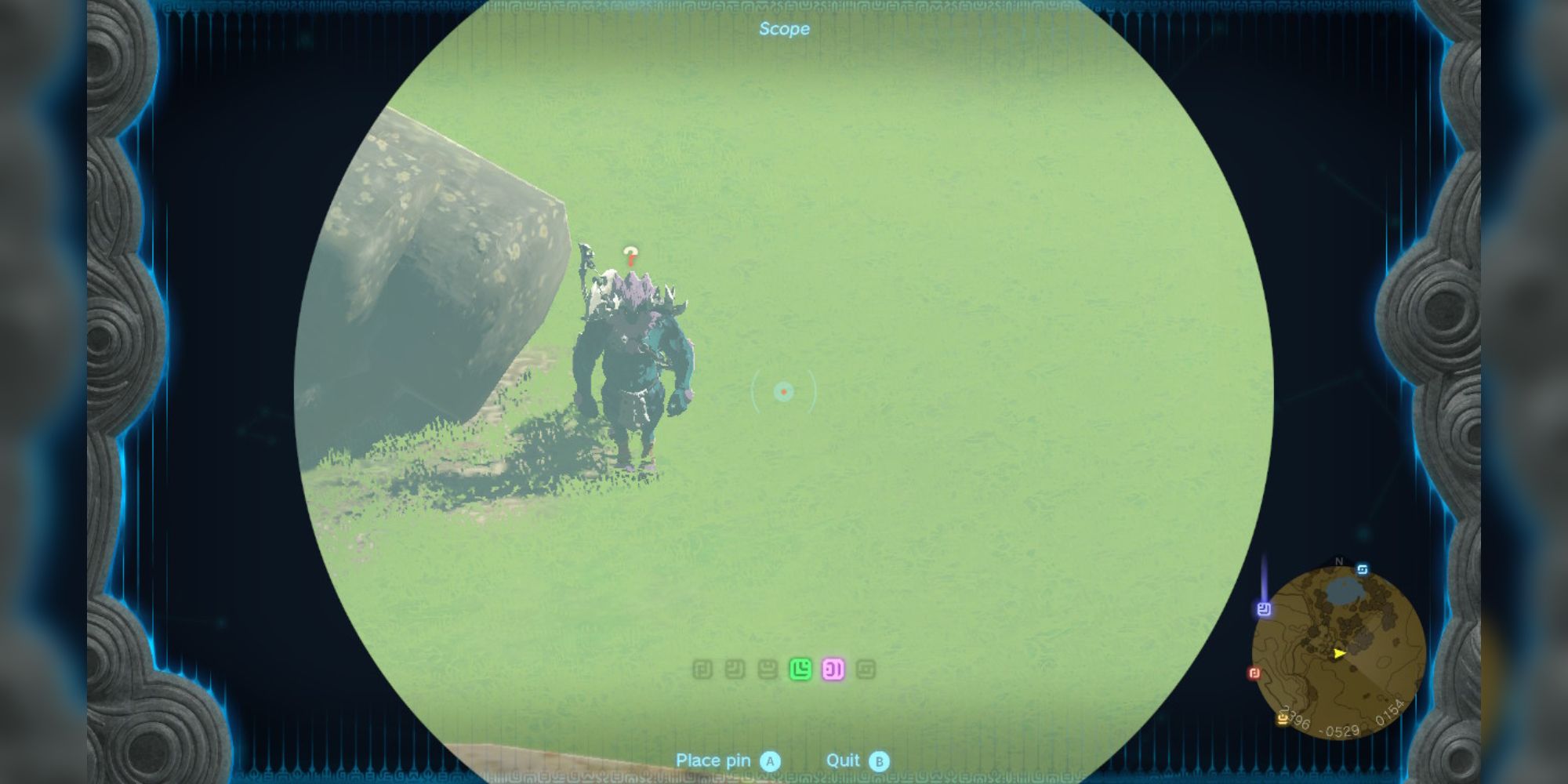 A centaur-like Lynel enemy is spotted through Link's scope.