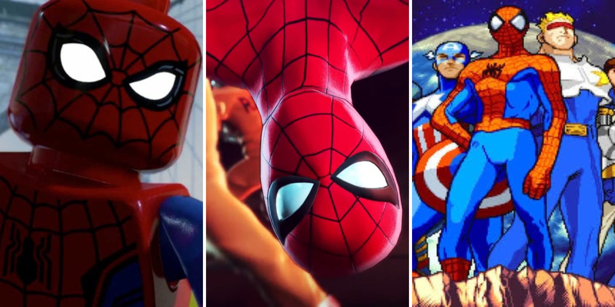 Lego Spider-Man stands on a bridge, Spider-Man hangs upside down, Spider-Man stands on a cliffside