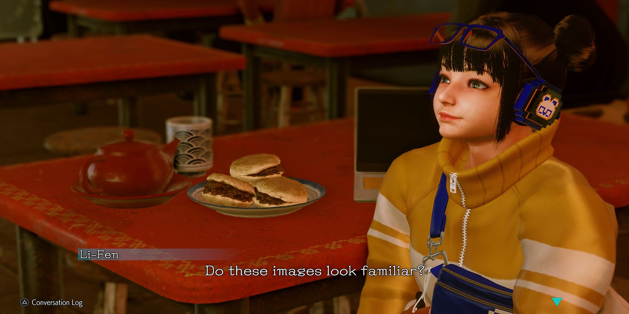 Li-Fen chats with you while munching on shaobing with extra meat at Bao Bao Bro in Street Fighter 6.