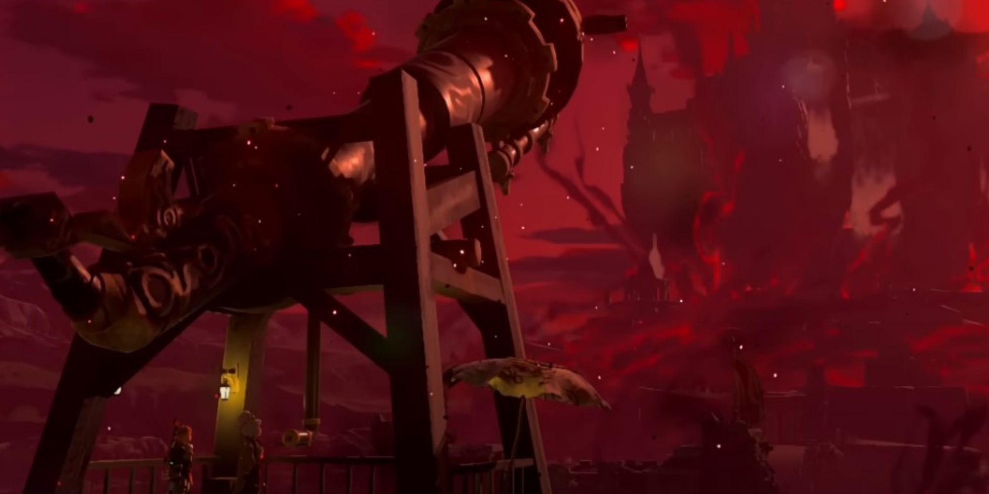 Link and Purah looking at Hyrule Castle under a Blood Moon