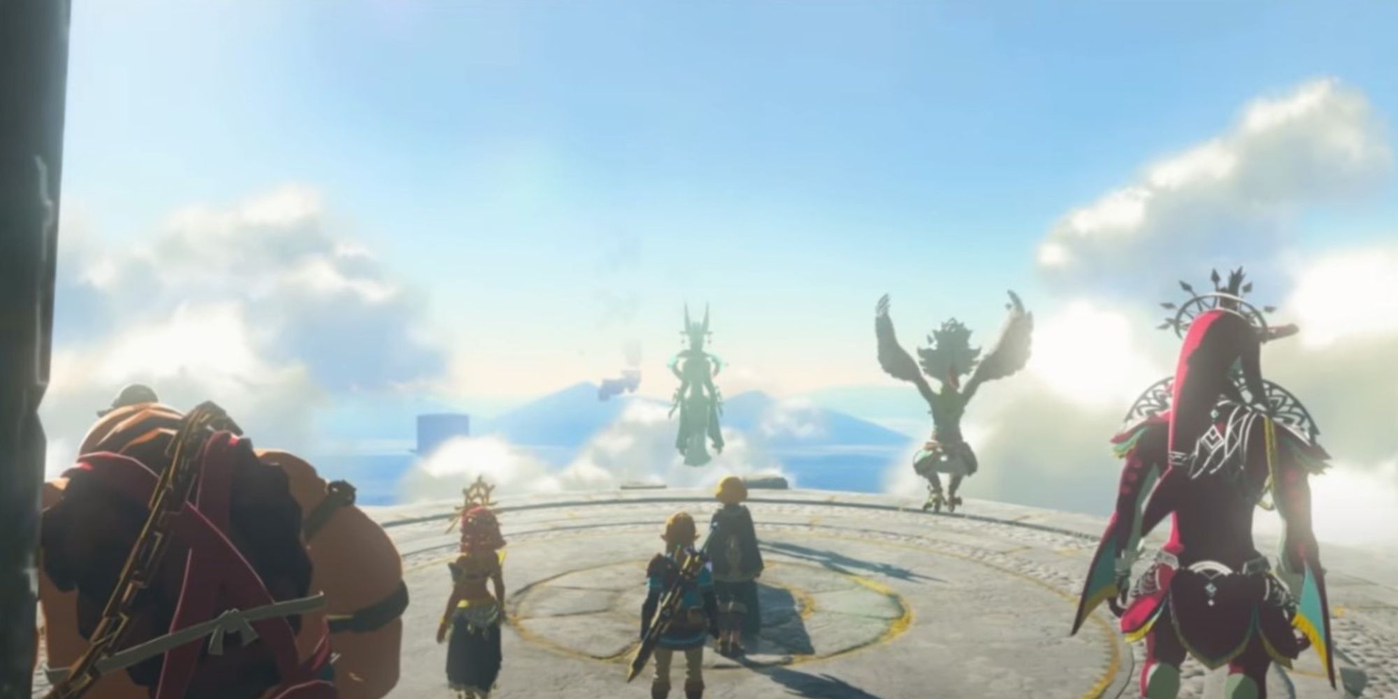Link, Zelda, and the Sages looking out at Hyrule in Tears of the Kingdom