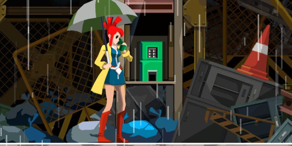 lynne answers the payphone in the junkyard while holding an umbrella in ghost trick: phantom detective