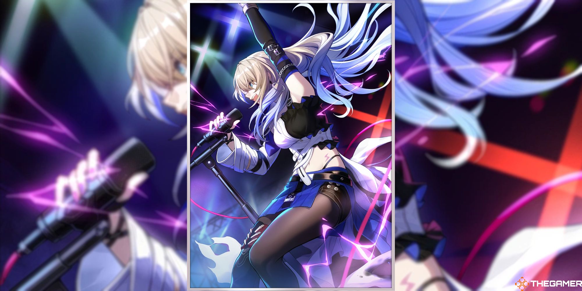 An image of the Make The World Clamor Light Cone Artwork from Honkai Impact, which features Serval rocking out on a stage during a performance.