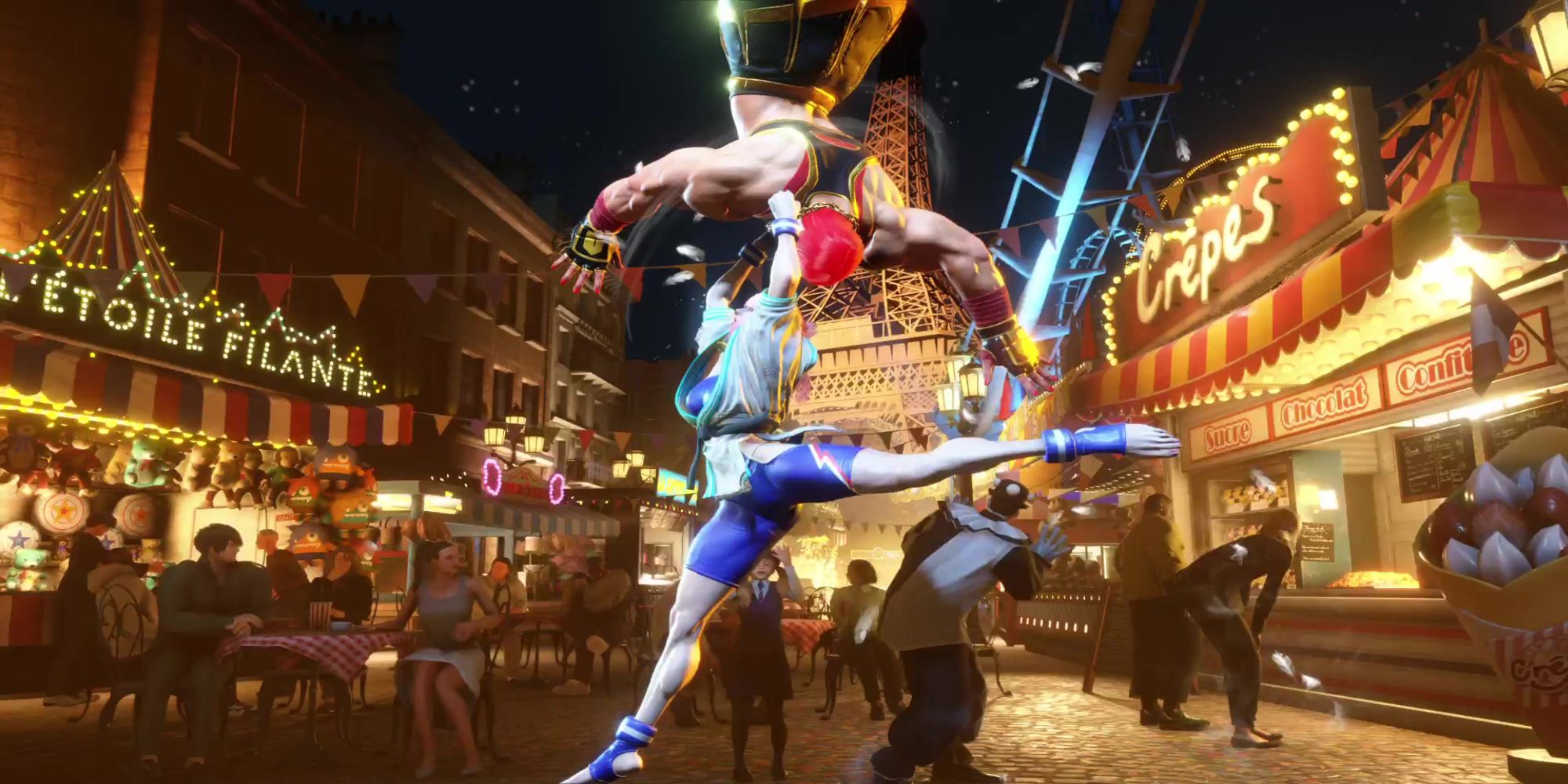 Manon leaps into the air with Marisa in her hands while performing her Manage Dore throw in Street Fighter 6.