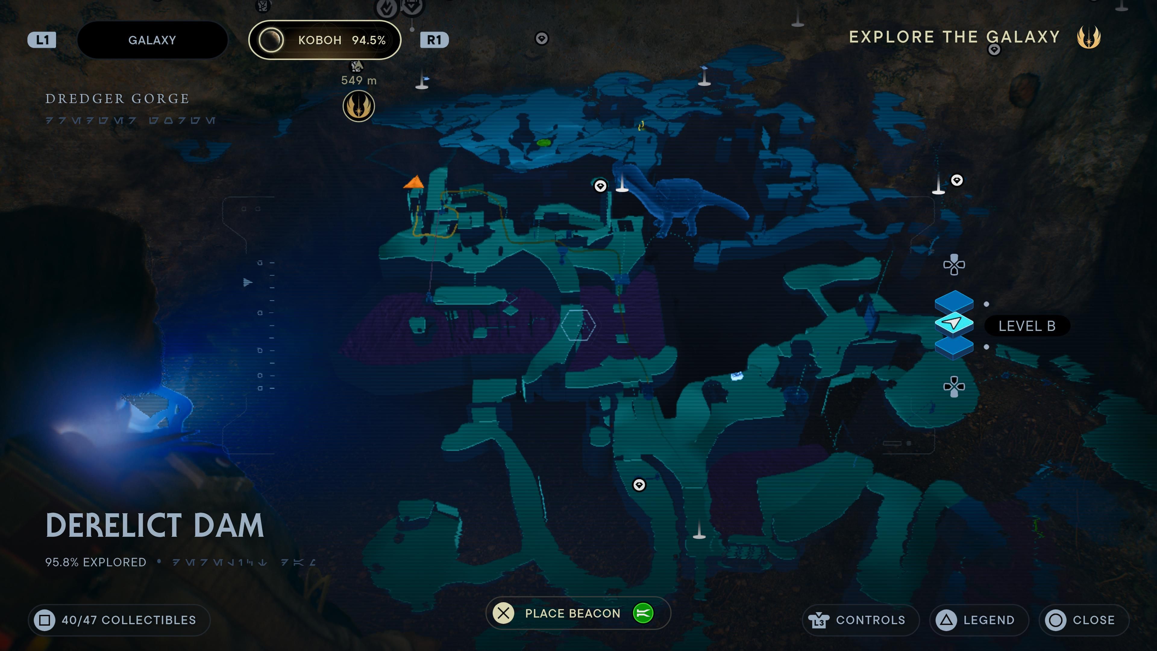 Map location for a Priorite Shard on a ledge near the Tar Pit in Jedi Survivor