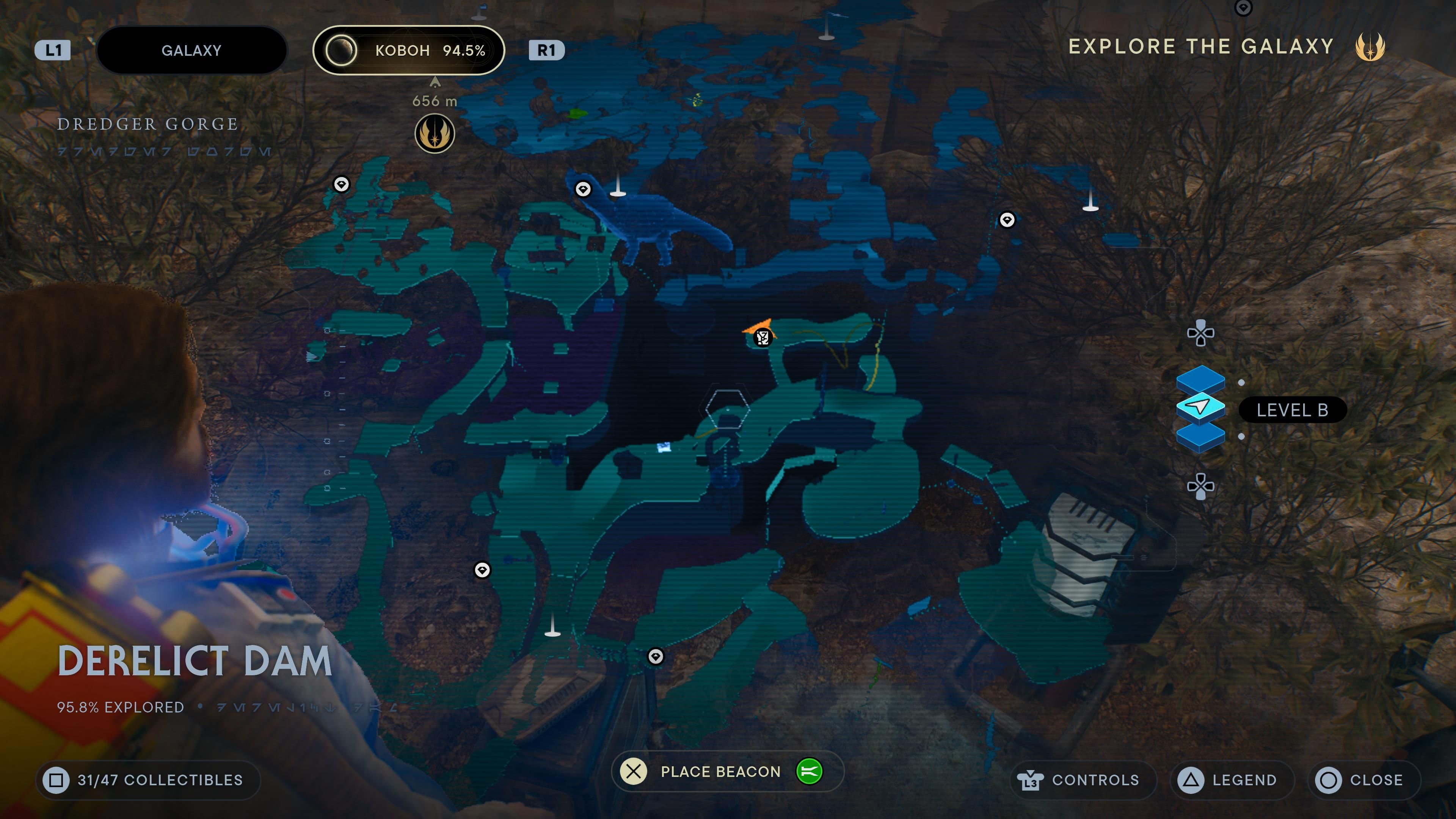 Map location of a BD-1 scan point AND seed pod on a mountain ledge in the Derelict Dam in Jedi Survivor