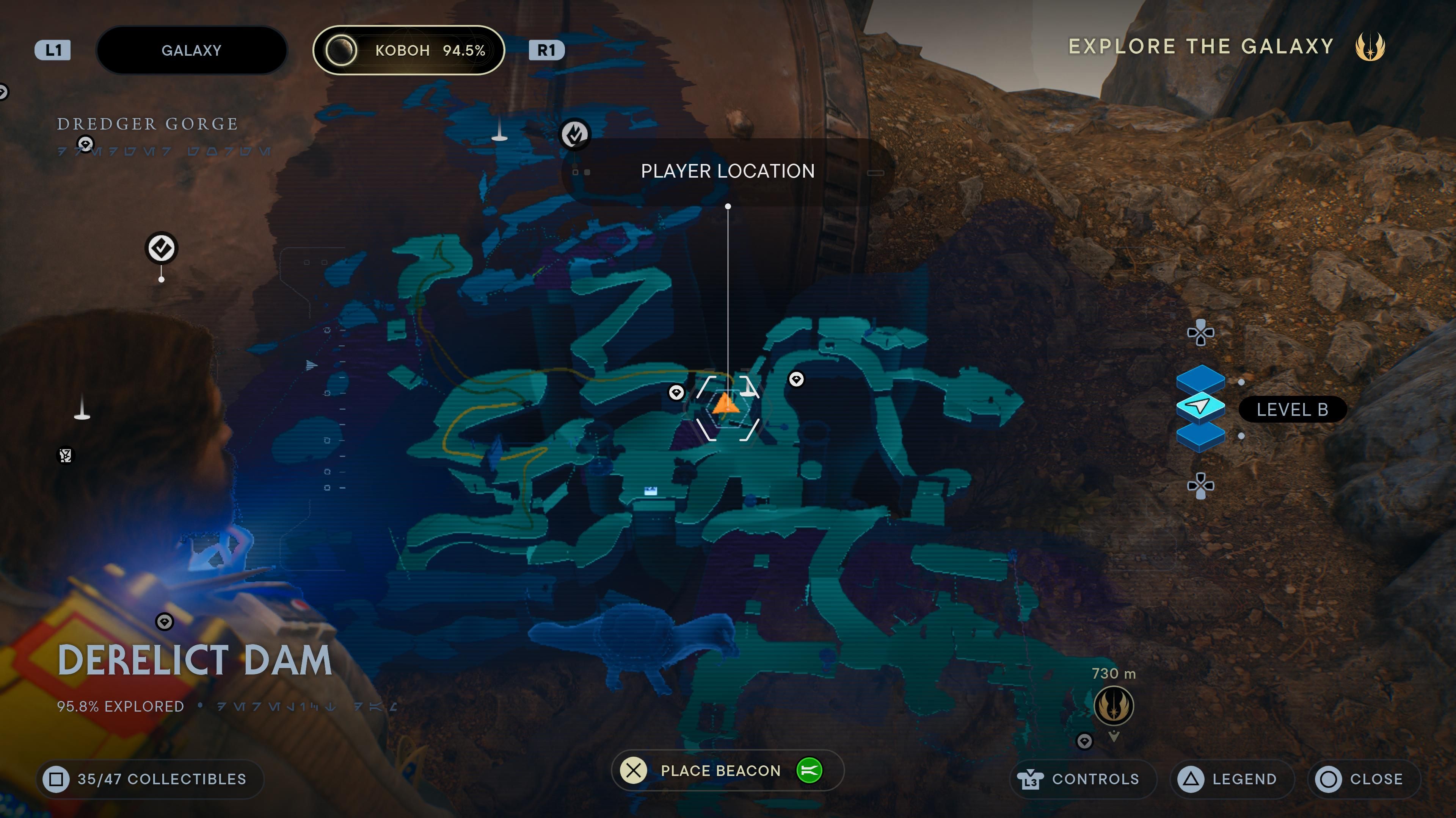 Map location of a BD-1 Scan point for a hunk of metal at the bottom of the dam in Jedi Survivor