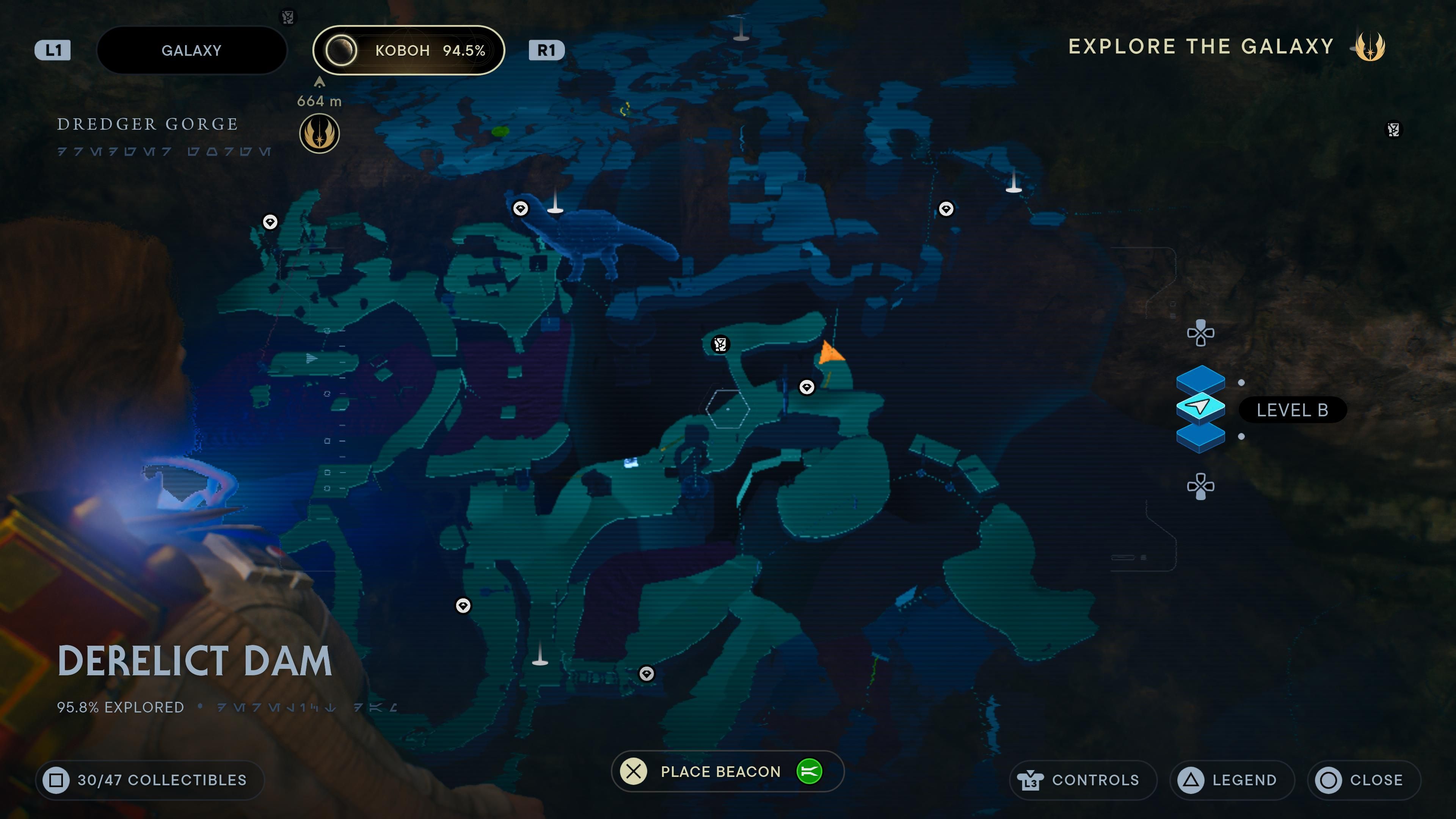 Map location of a BD-1 scan point on a rock wall in the Derelict Dam in Jedi Survivor