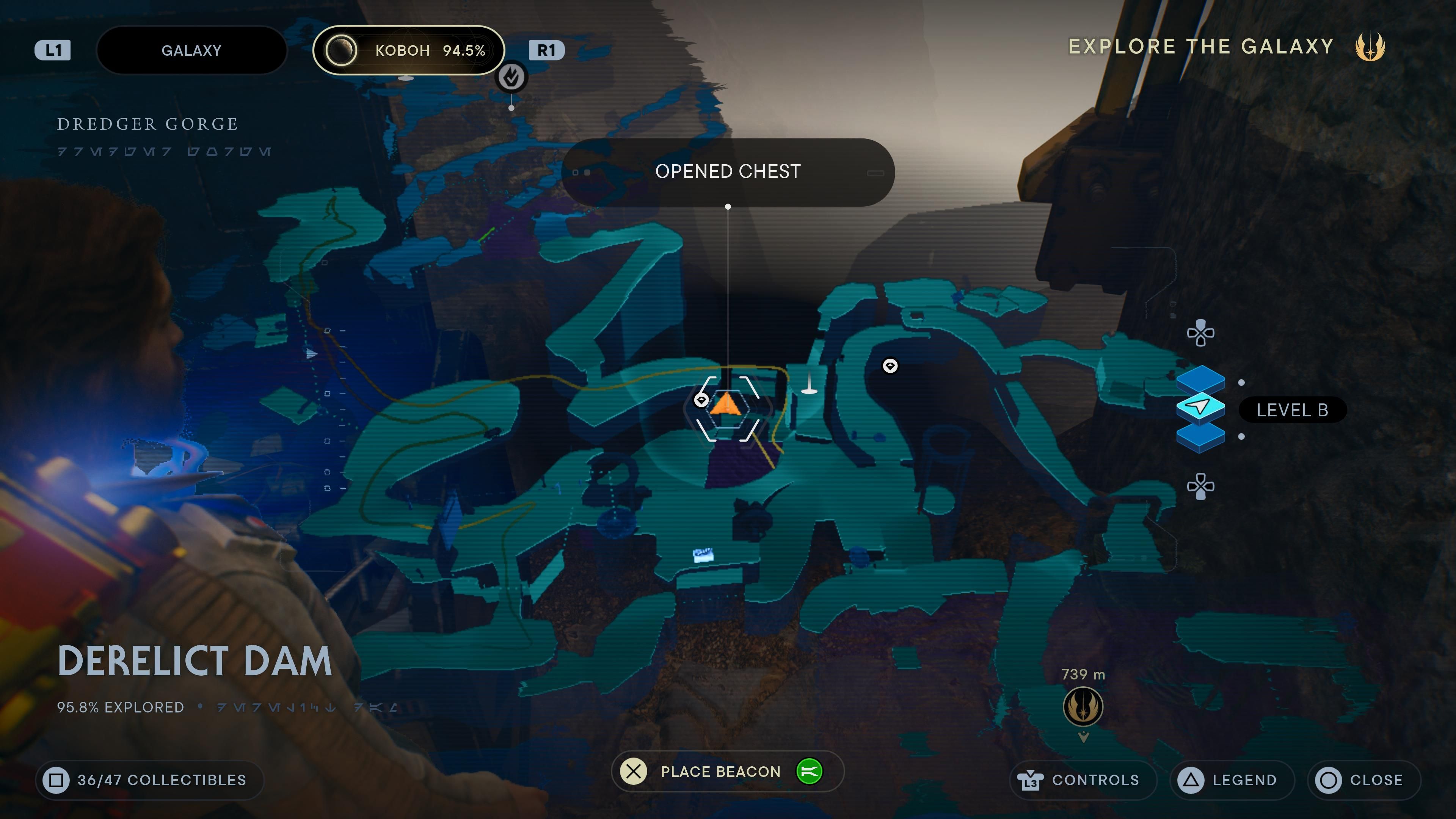 Map location of a chest at the bottom of the broken dam in Jedi Survivor