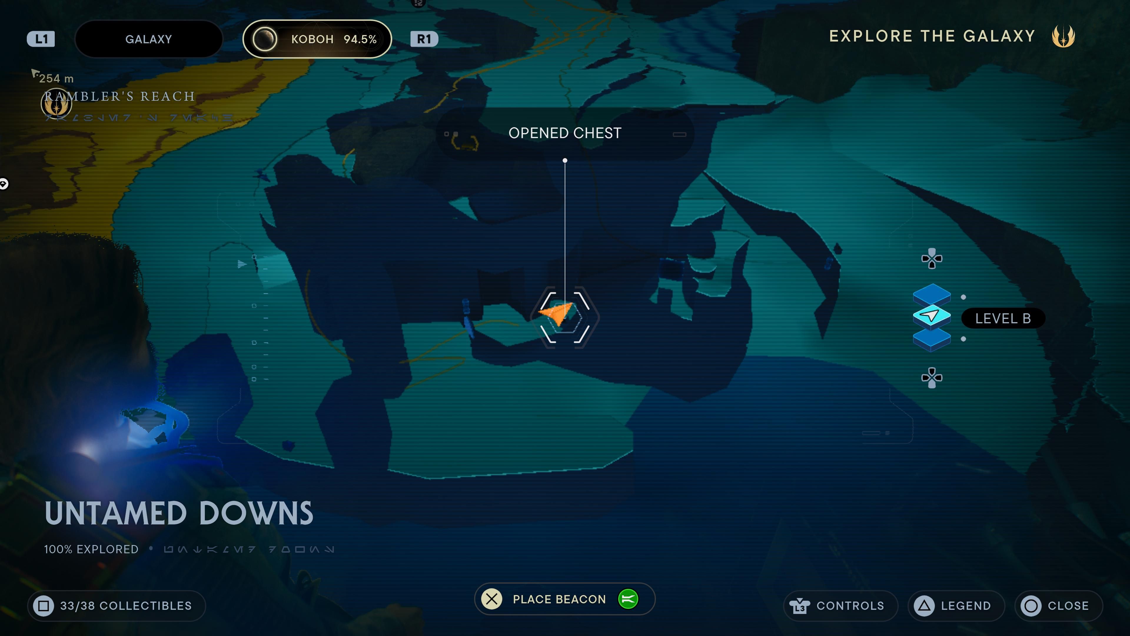 Map location of a chest behind a door opened by an electric charge in the Untamed Downs in Jedi Survivor