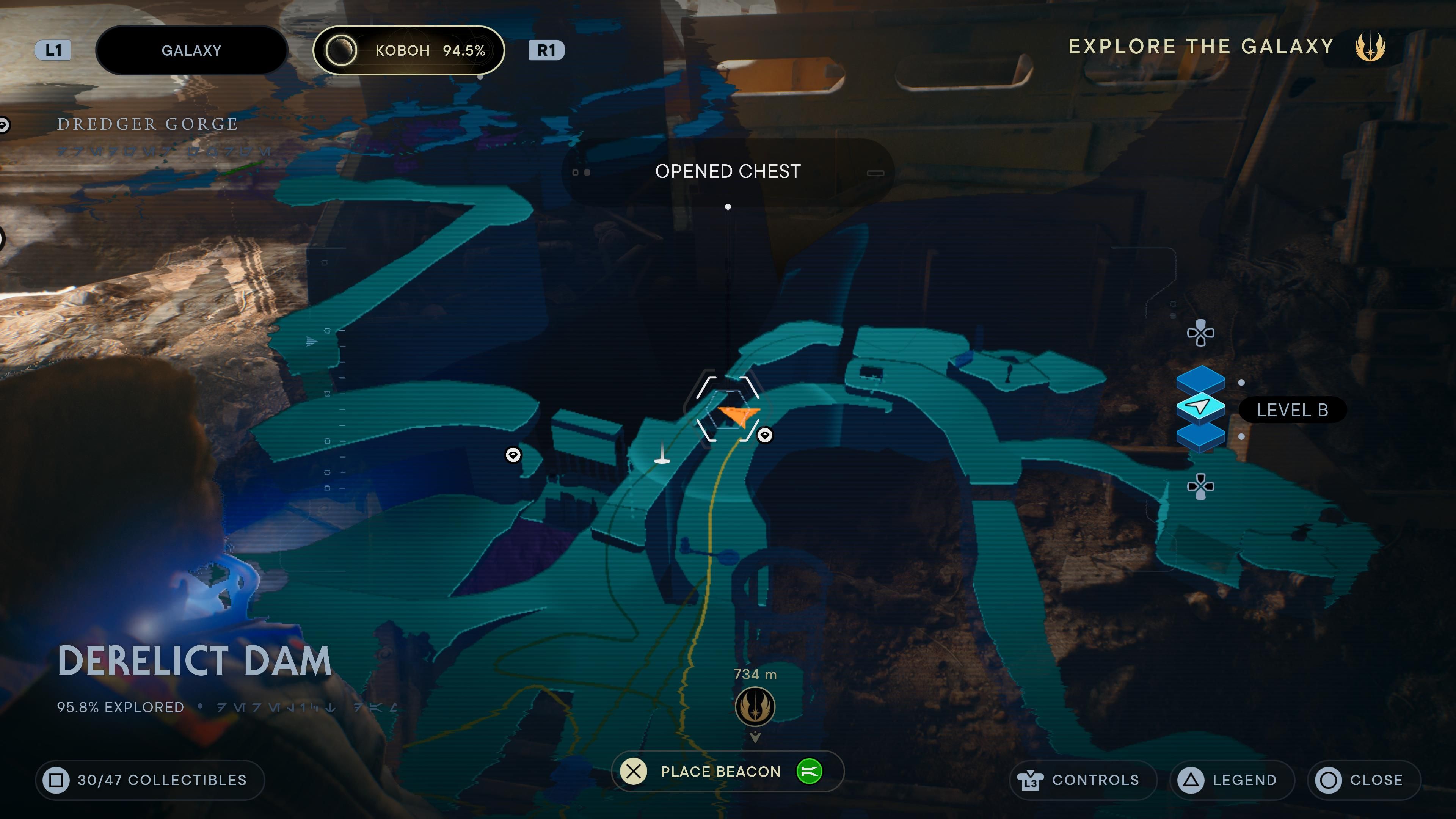 Map location of a chest in a cave in the Derelict Dam in Jedi Survivor