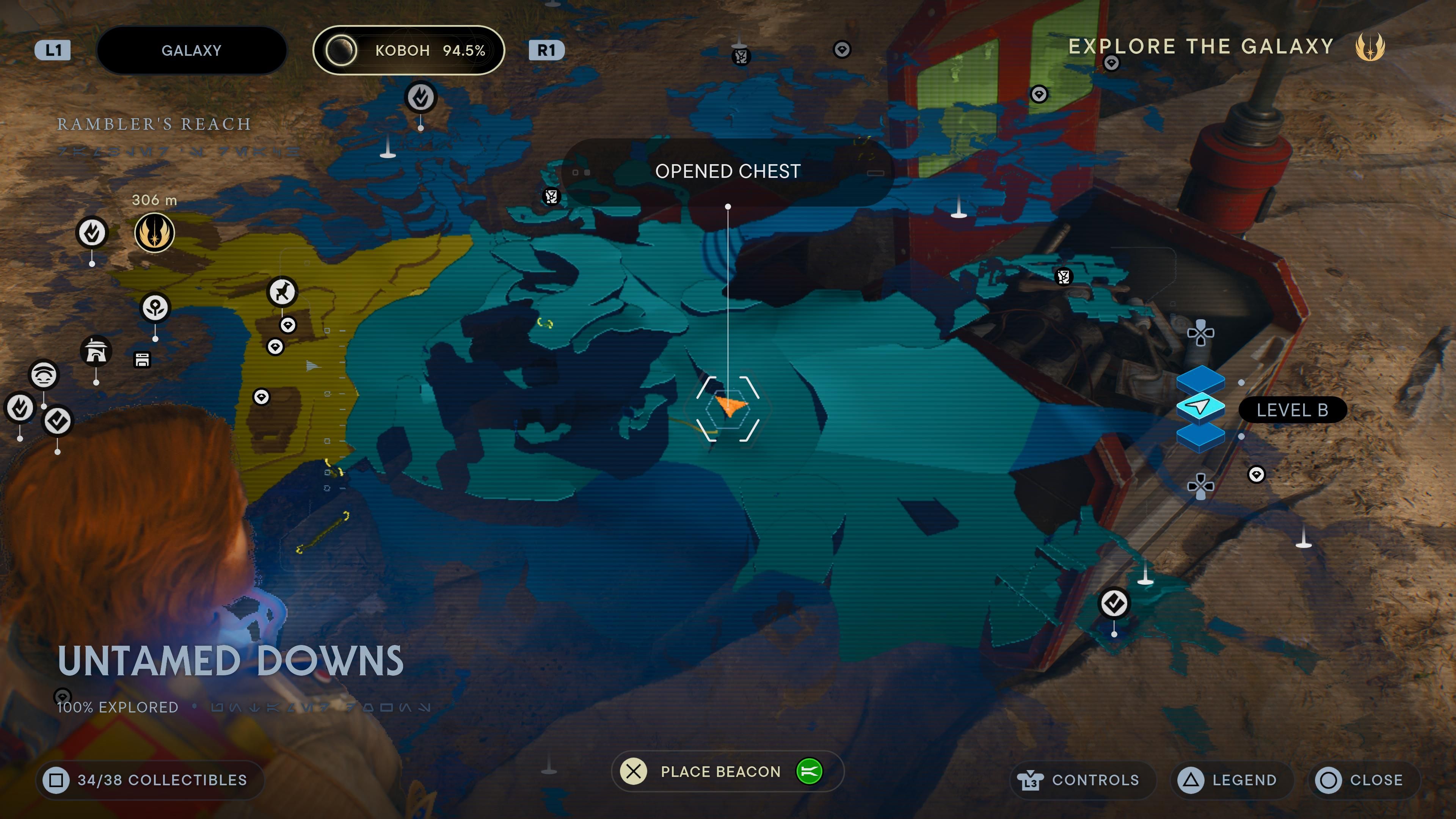 Map location of a chest in the middle of the untamed downs in Jedi Survivor