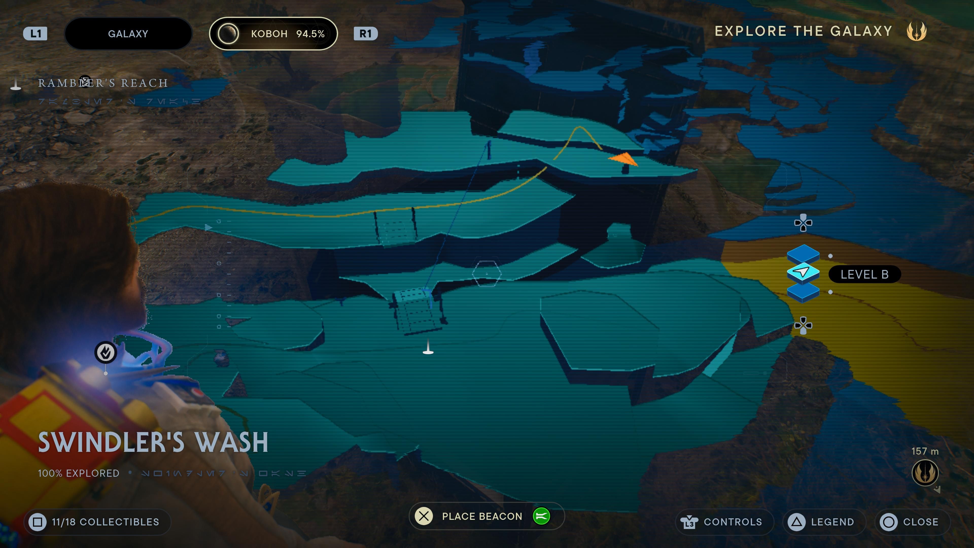 Map location of a chest on a ledge in Swindler's Wash in Jedi Survivor