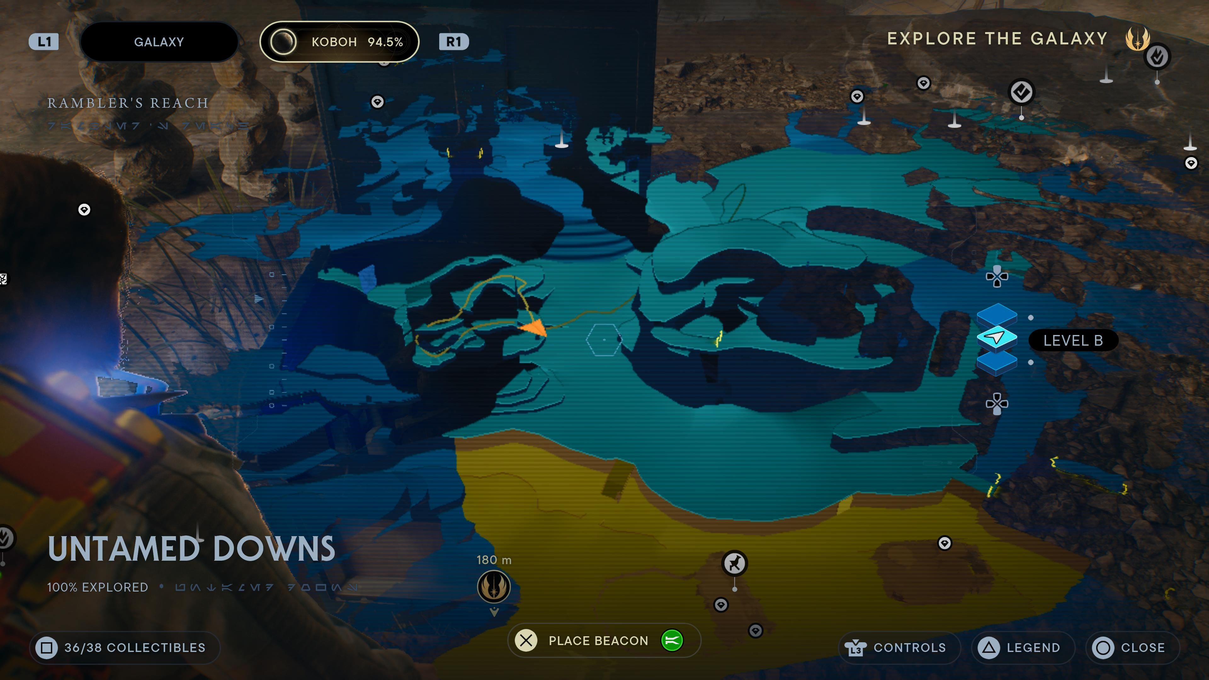 Map location of a chest on a ledge in the Untamed Downs in Jedi Survivor