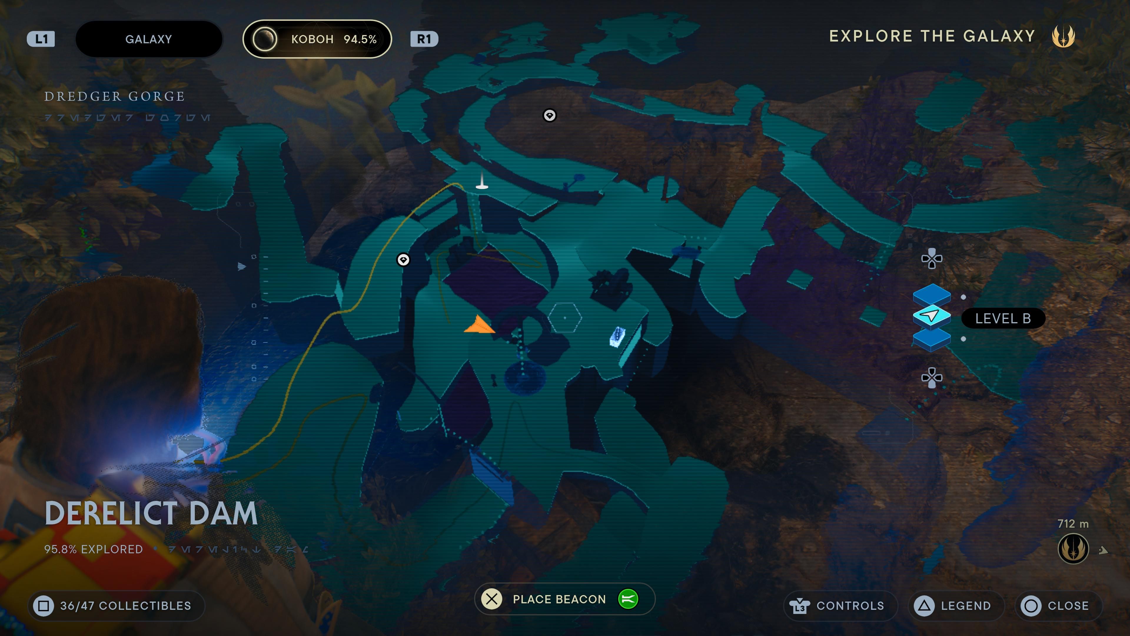 Map location of a Force Echo at the bottom of the Derelict Dam in Jedi Survivor