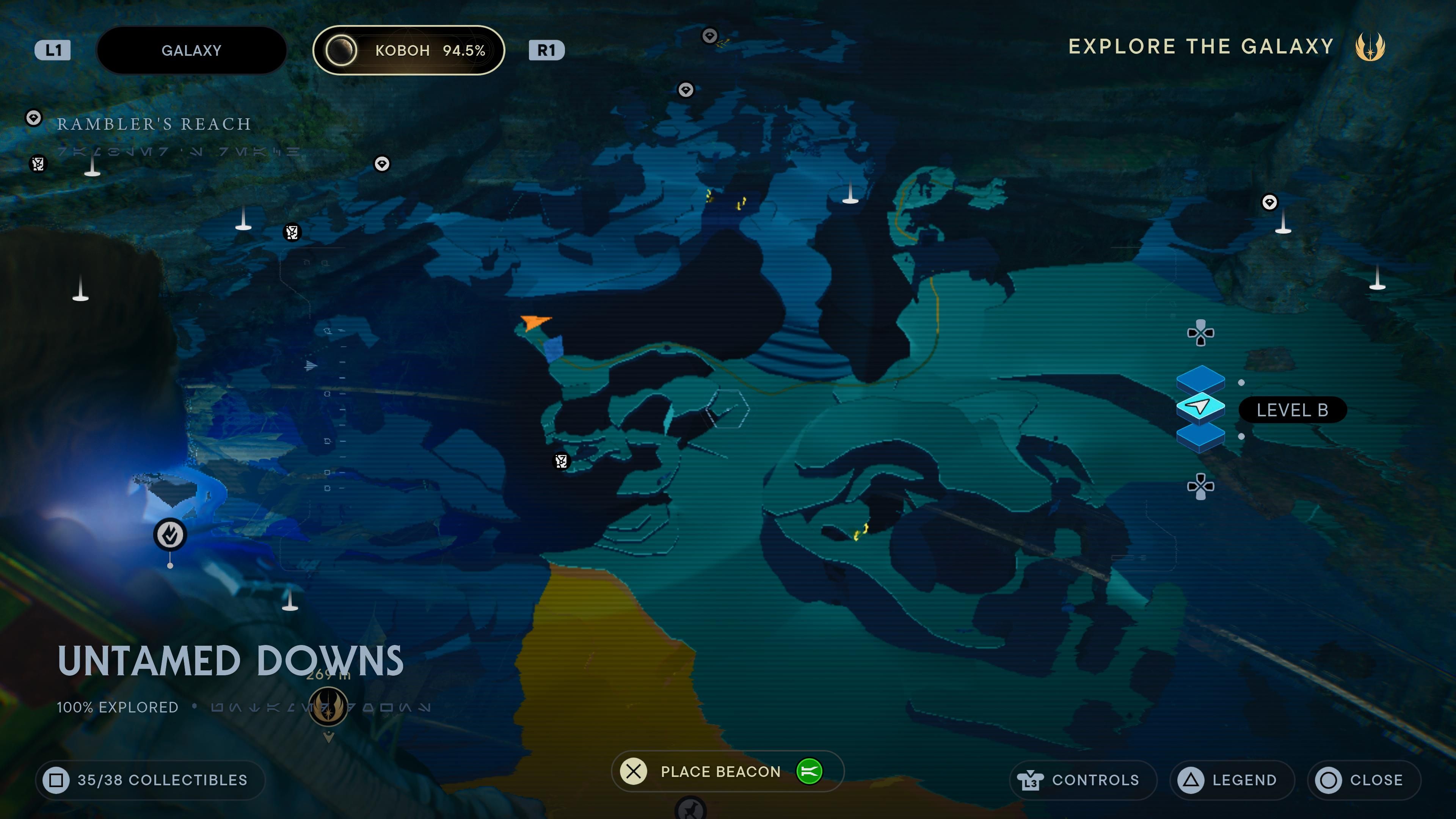 Map location of a force echo behind a destructible wall in the Untamed Downs in Jedi Survivor