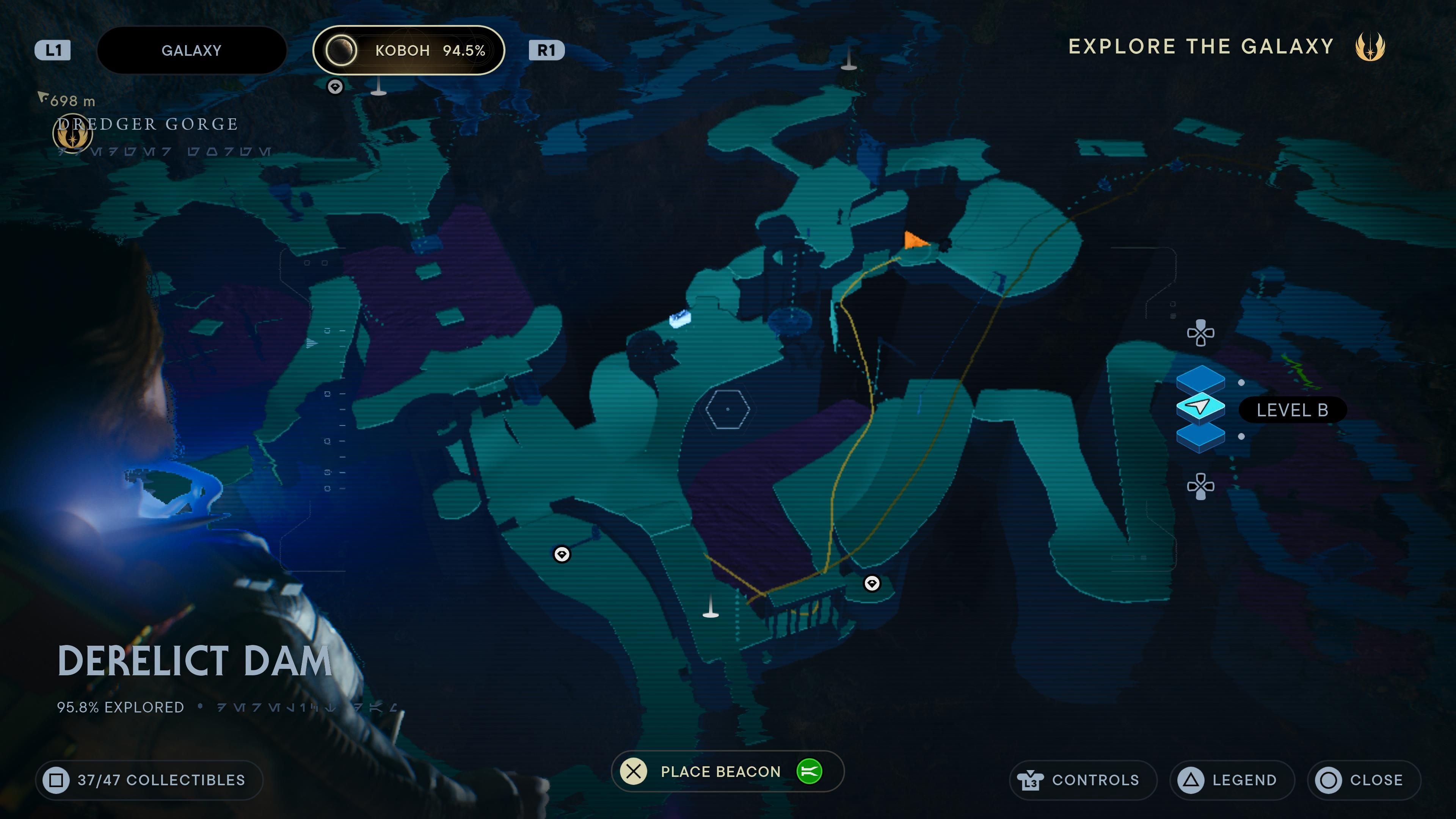 Map location of a Force Essence on a ledge near the bottom of the Derelict Dam area in Jedi Survivor