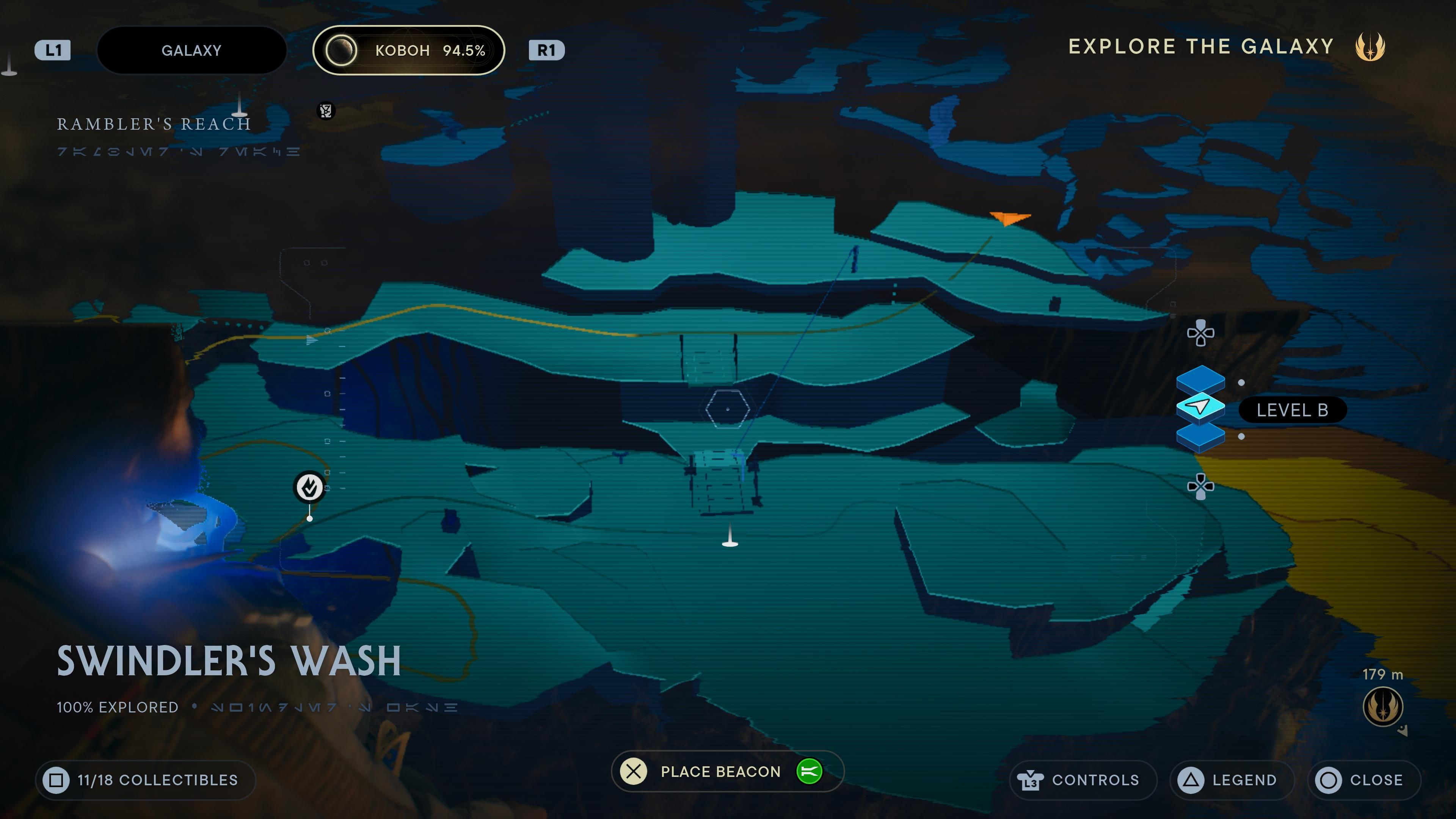 Map location of a priorite shard in an alcove in Swindler's Wash in Jedi Survivor
