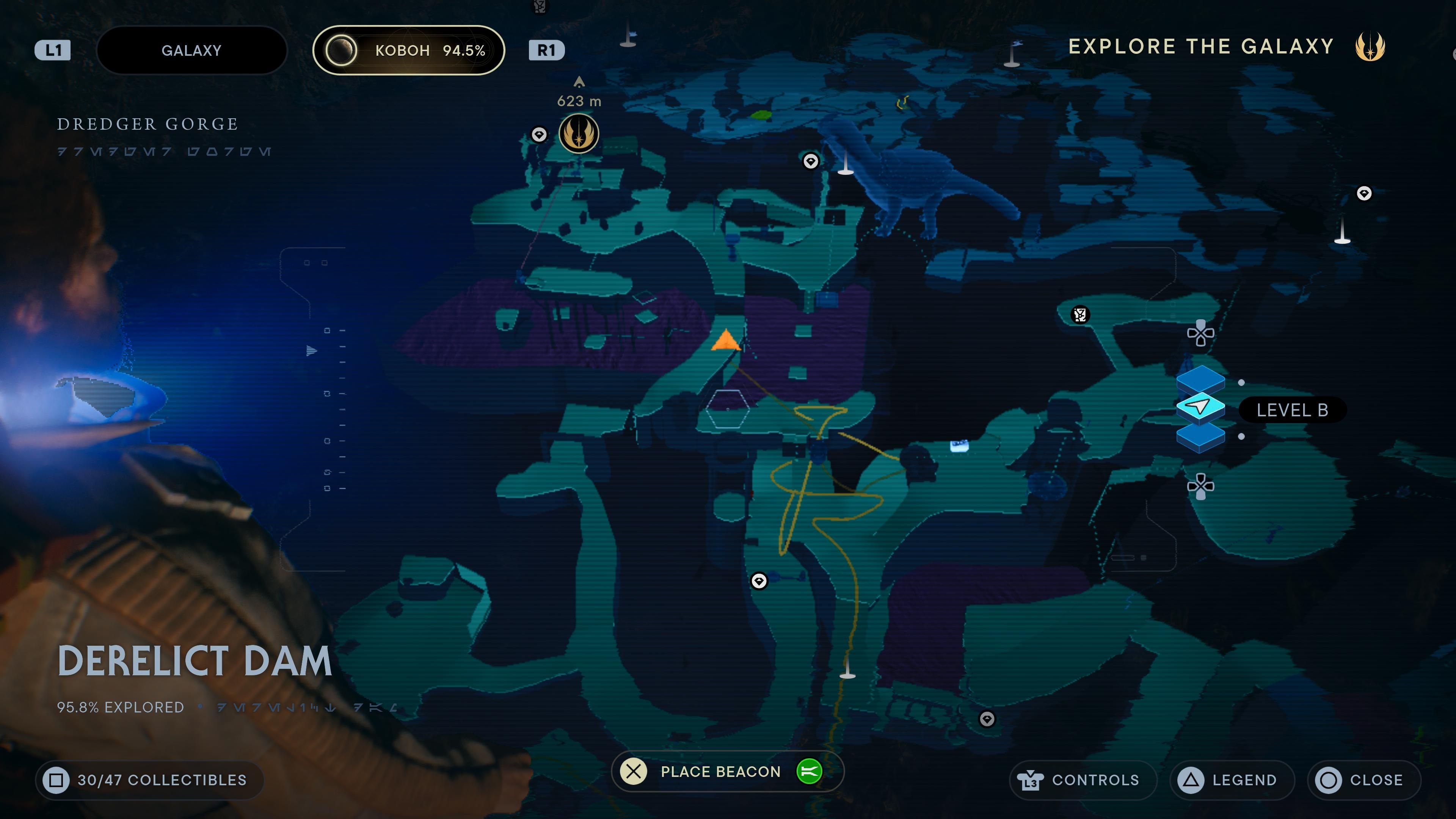 Map location of a priorite shard in the hole in the wall in the tar pit in Jedi Survivor