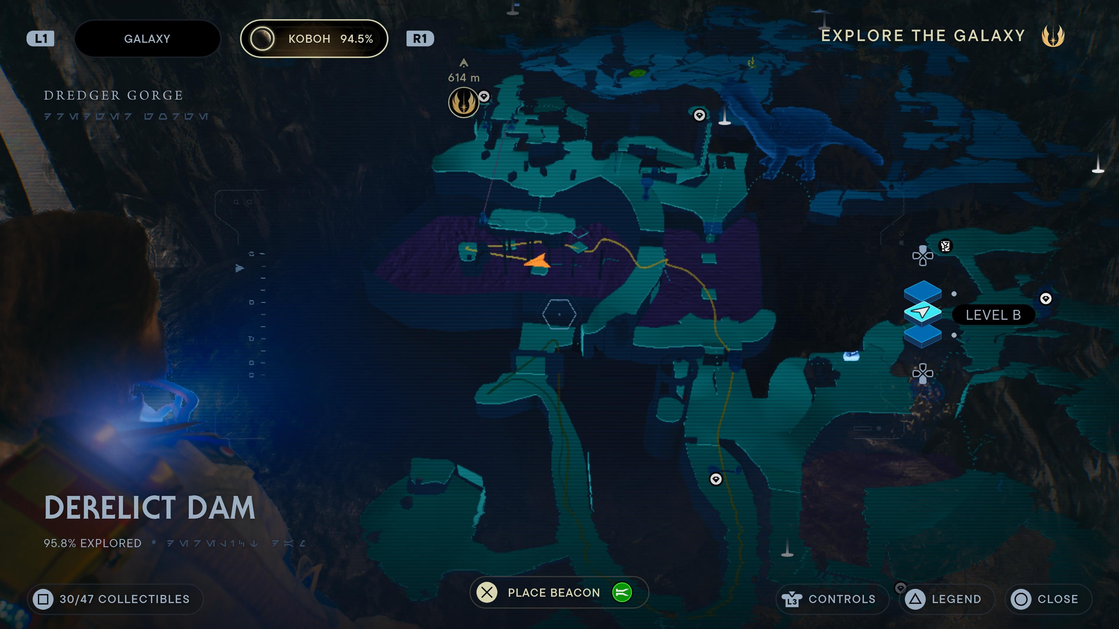 Map location of a Priorite Shard in the middle of a tar pit in the Derelict Dam in Jedi Survivor