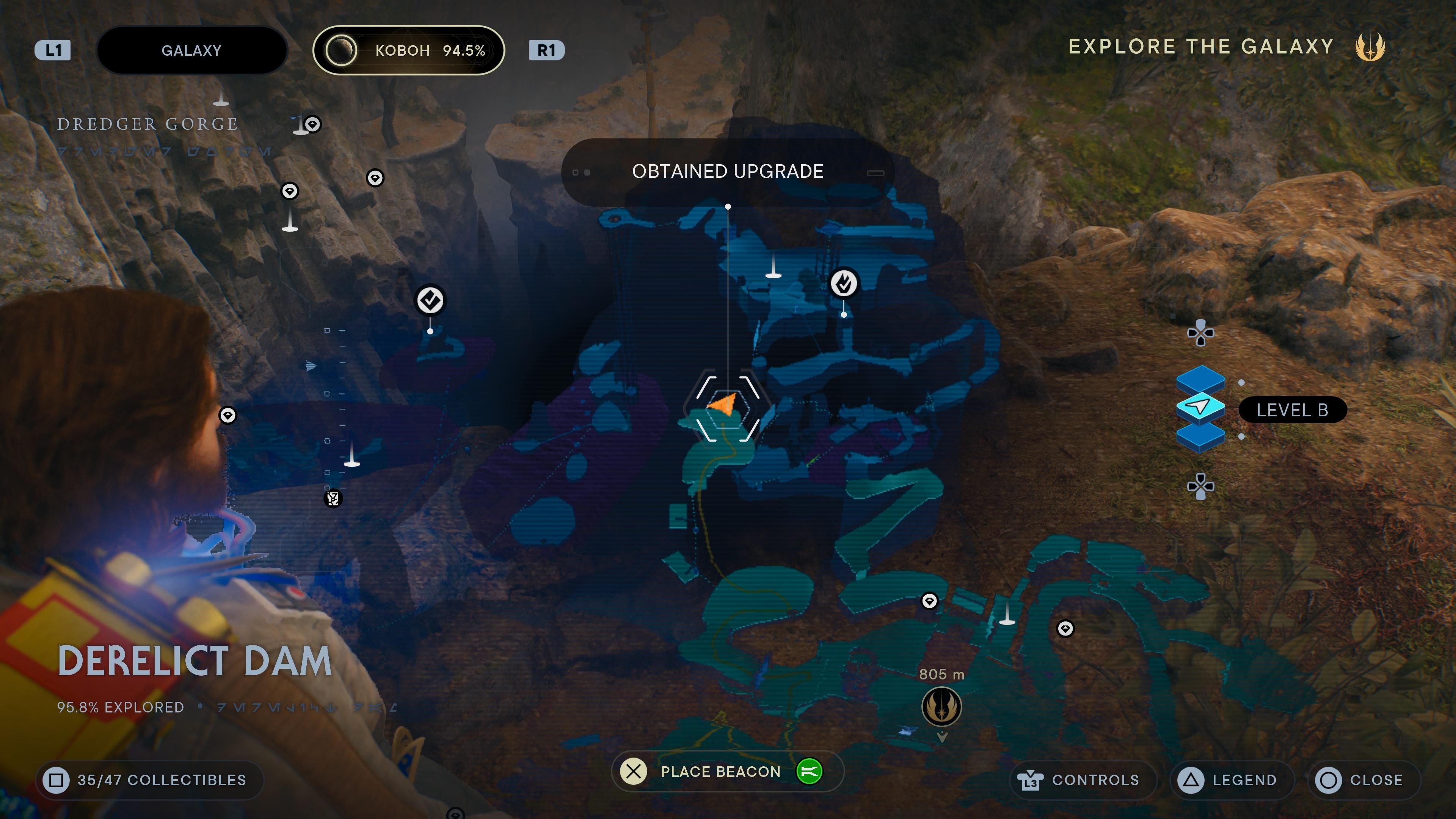 Map location of a Priorite shard on a ledge accessed by balloons in the Derelict Dam in Jedi Survivor