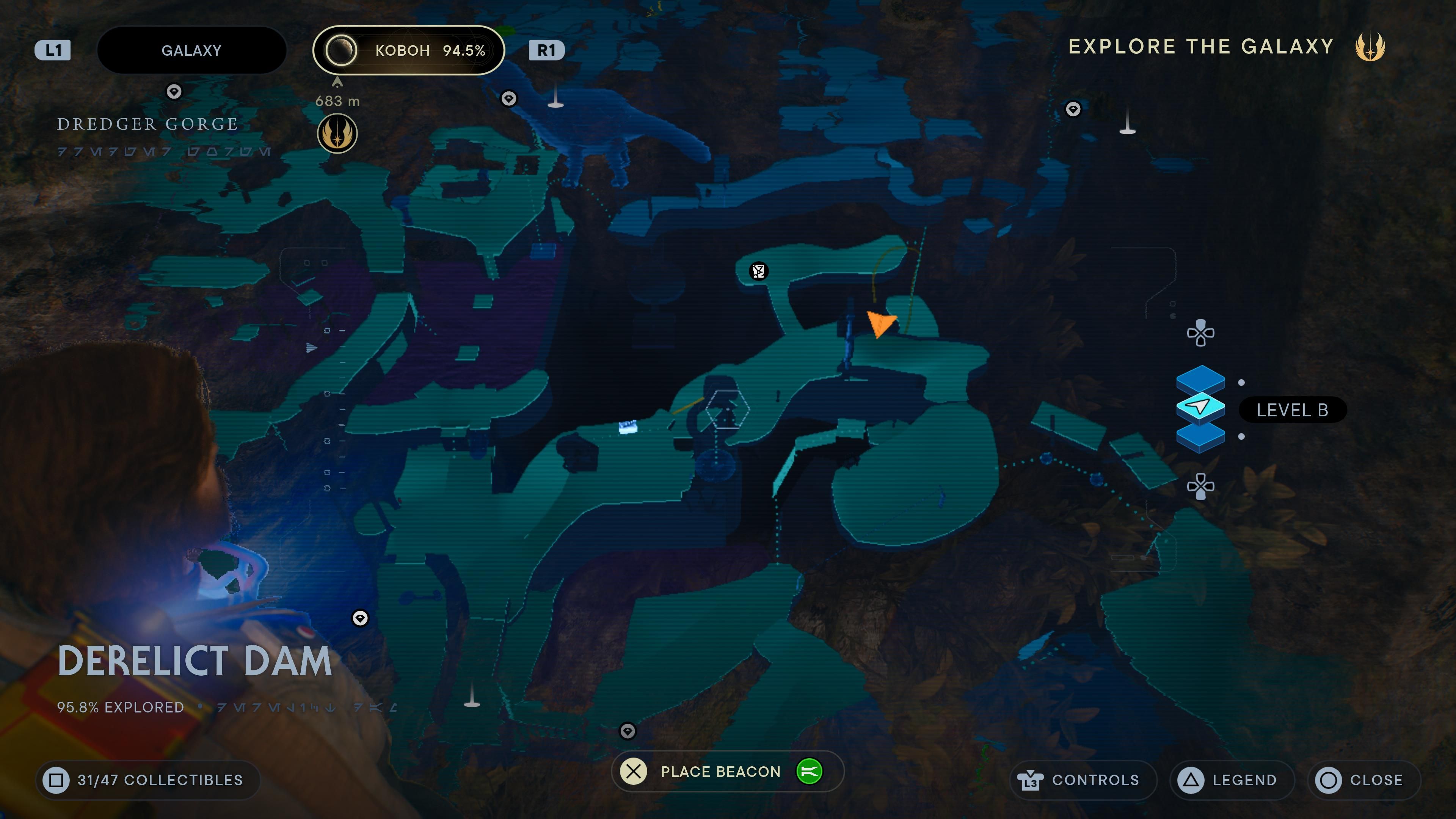 Map location of a Priorite Shard on a ledge in the Derelict Dam in Jedi Survivor
