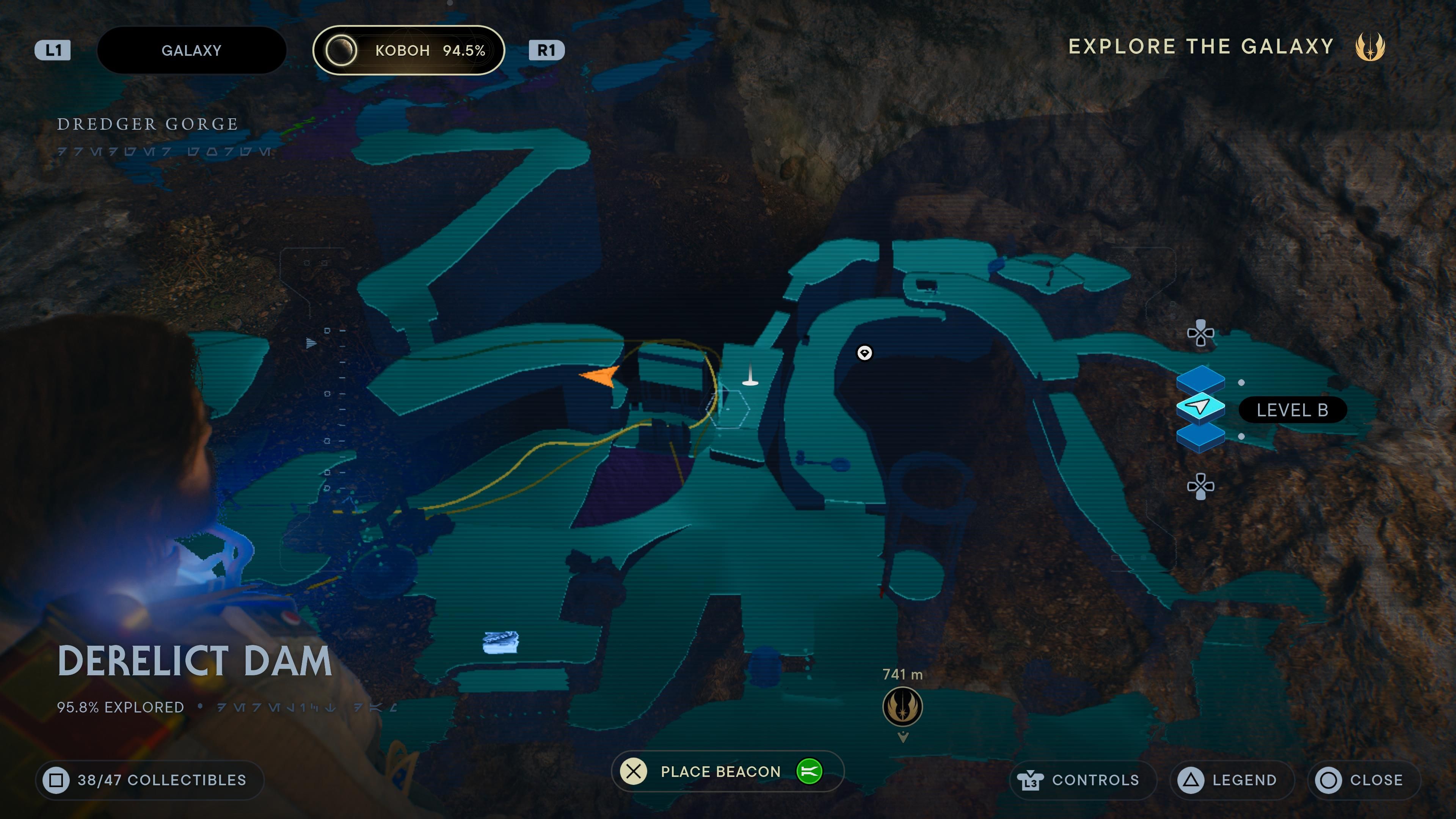 Map location of a priorite shard on a ledge on the broken dam in Jedi Survivor