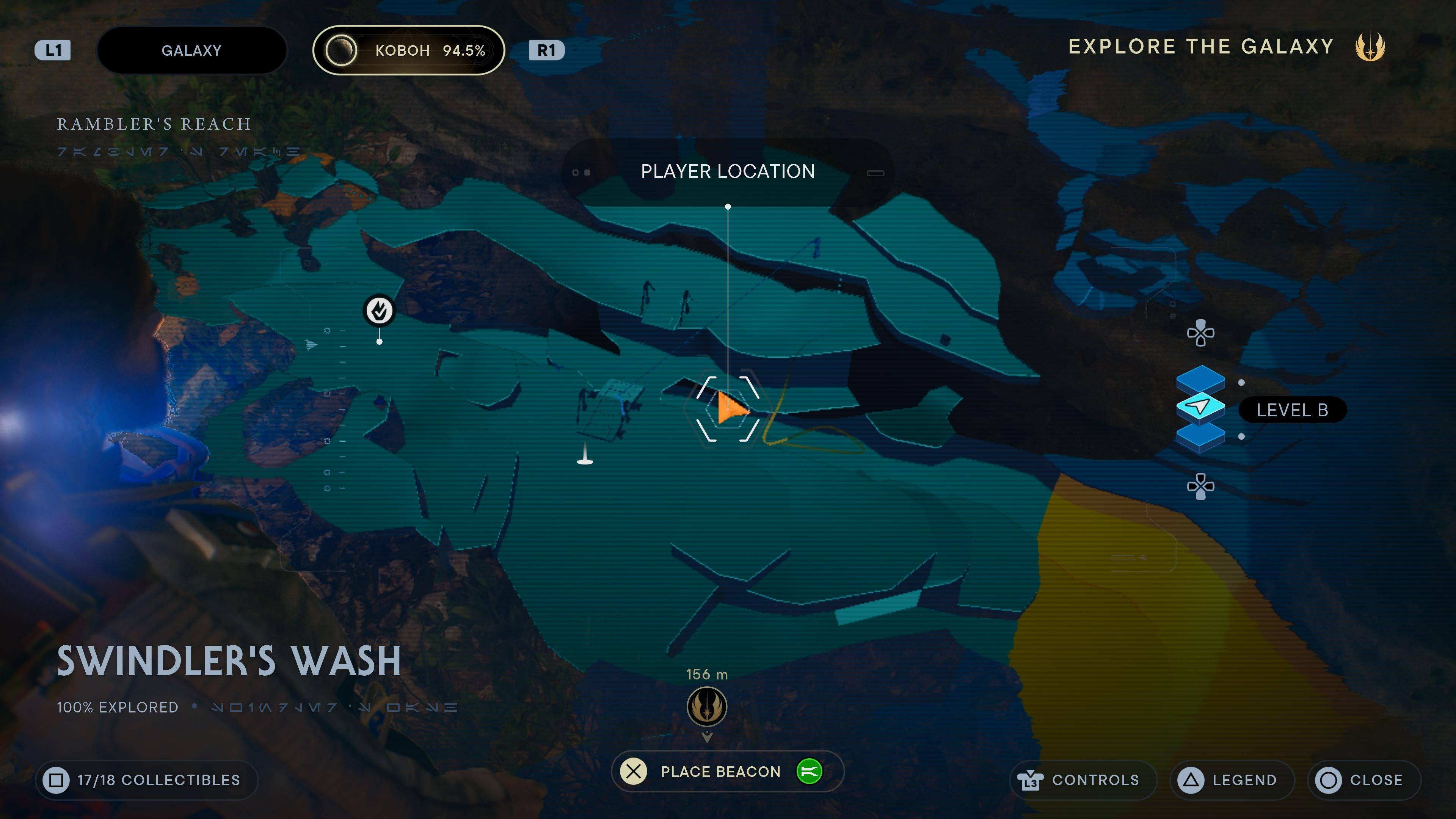Map location of a seed pod in a ravine on a ledge in Swindler's Wash in Jedi Survivor