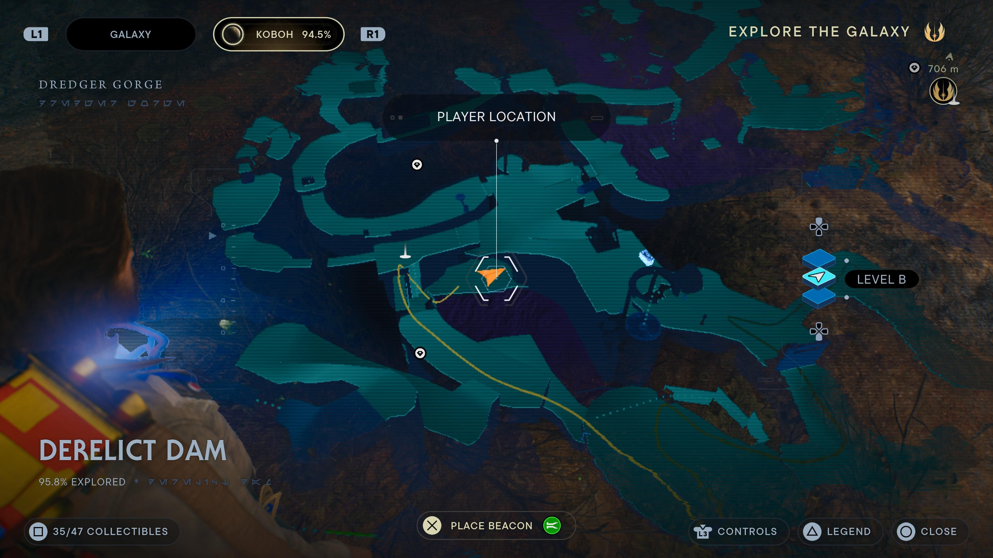 Map location of a seed pod on the bottom level of the Derelict Dam in Jedi Survivor