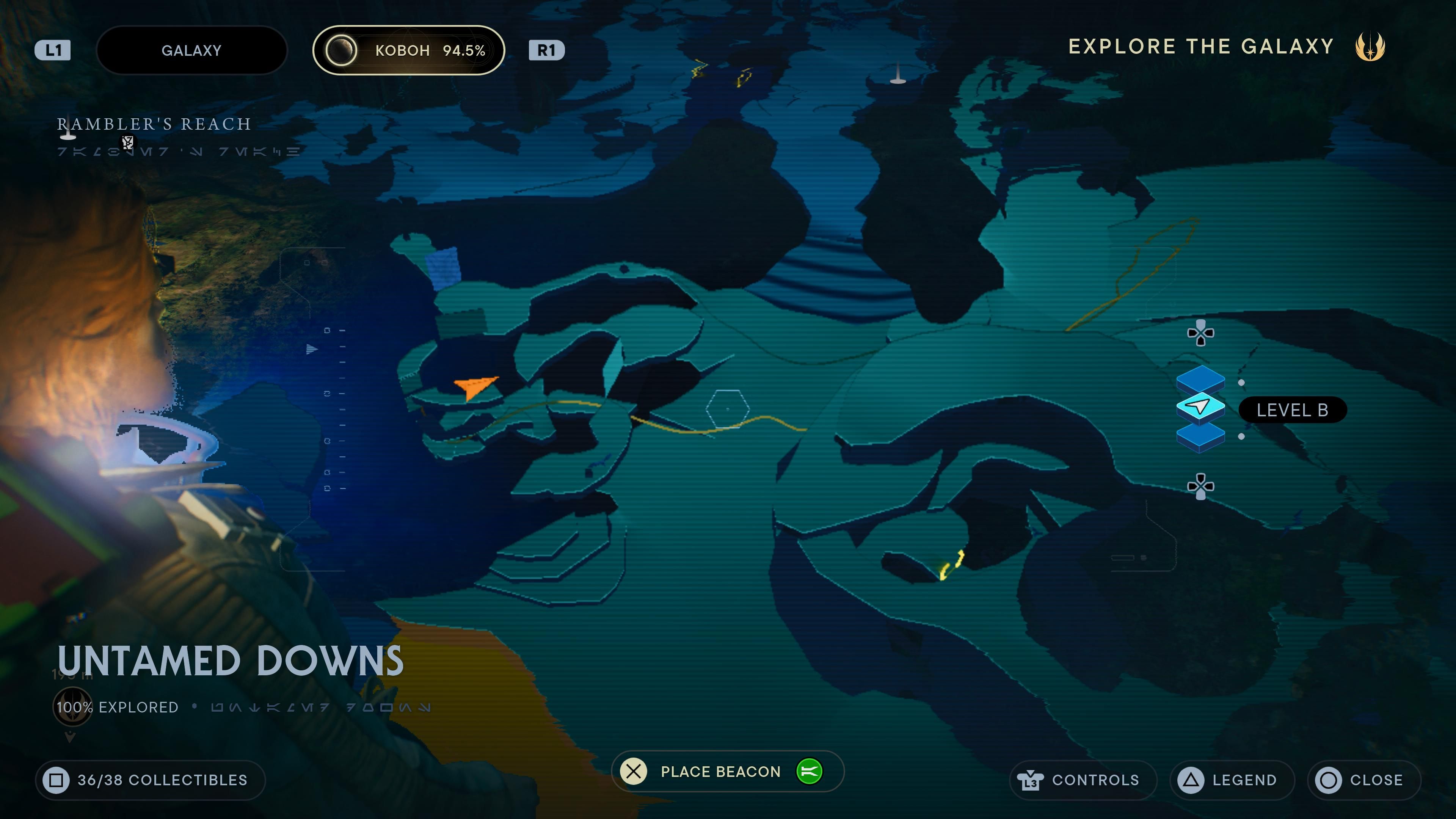 Map location of a treasure in the upper level of a cave in Jedi Survivor