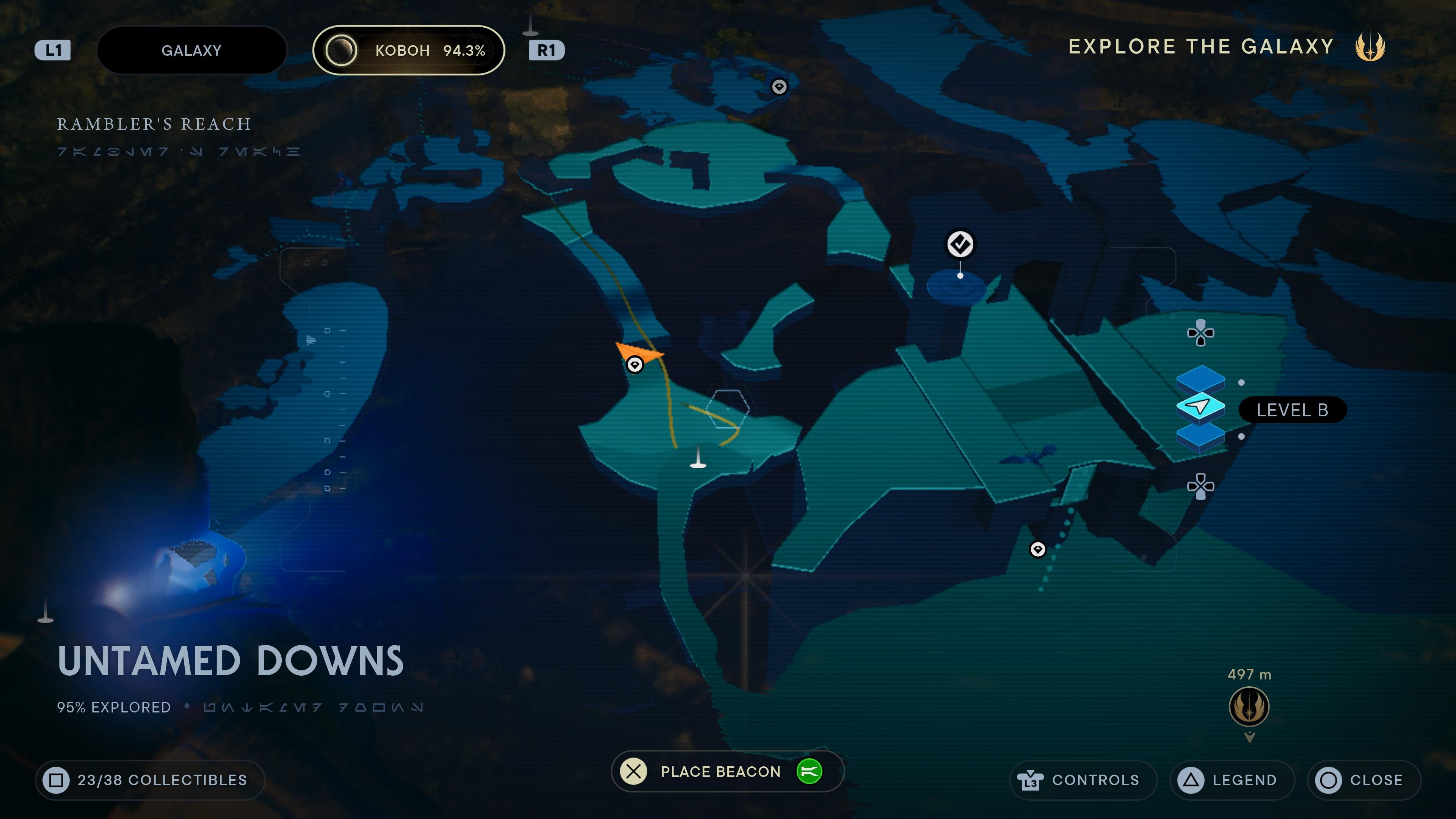 Map location of Priorite Shard underneath a waterfall in the Untamed Downs in Jedi Survivor